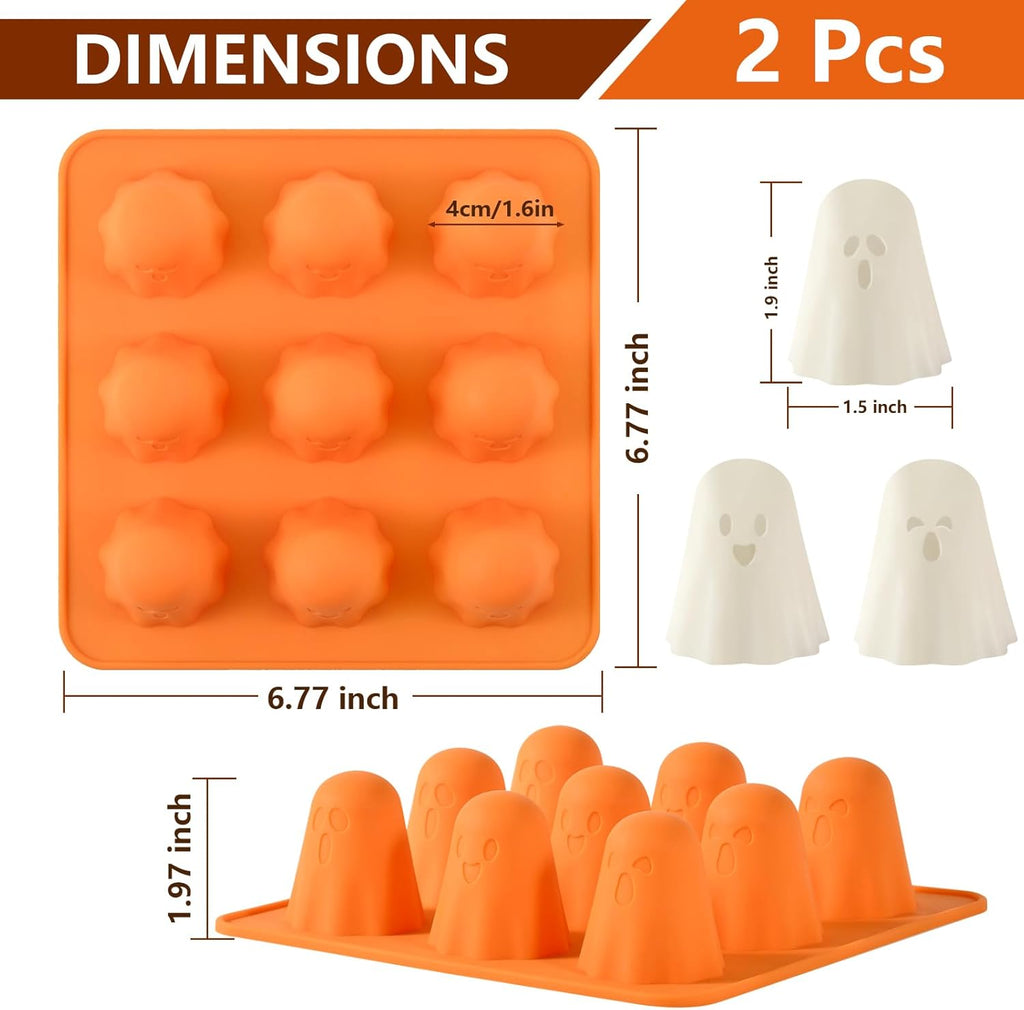 Ghost Silicone Molds 2 Packs Non-Stick 3D Chocolate Molds 9-Cavity Cute Ghost Mold for Jelly Gummy Candy Pudding Ice Cube Resin Cake Halloween Party Decorations