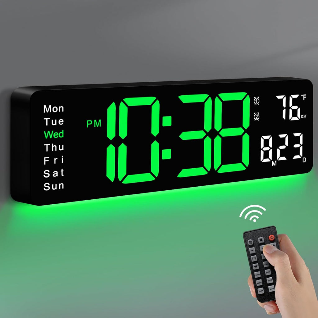 Digital Wall Clock, 16" Large Display Digital Clock with Remote Control, Auto-Dimming Wall Clock with Night Light, DST, Date Week,Temp for Living Room, Bedroom, Decor, Gift for Elderly