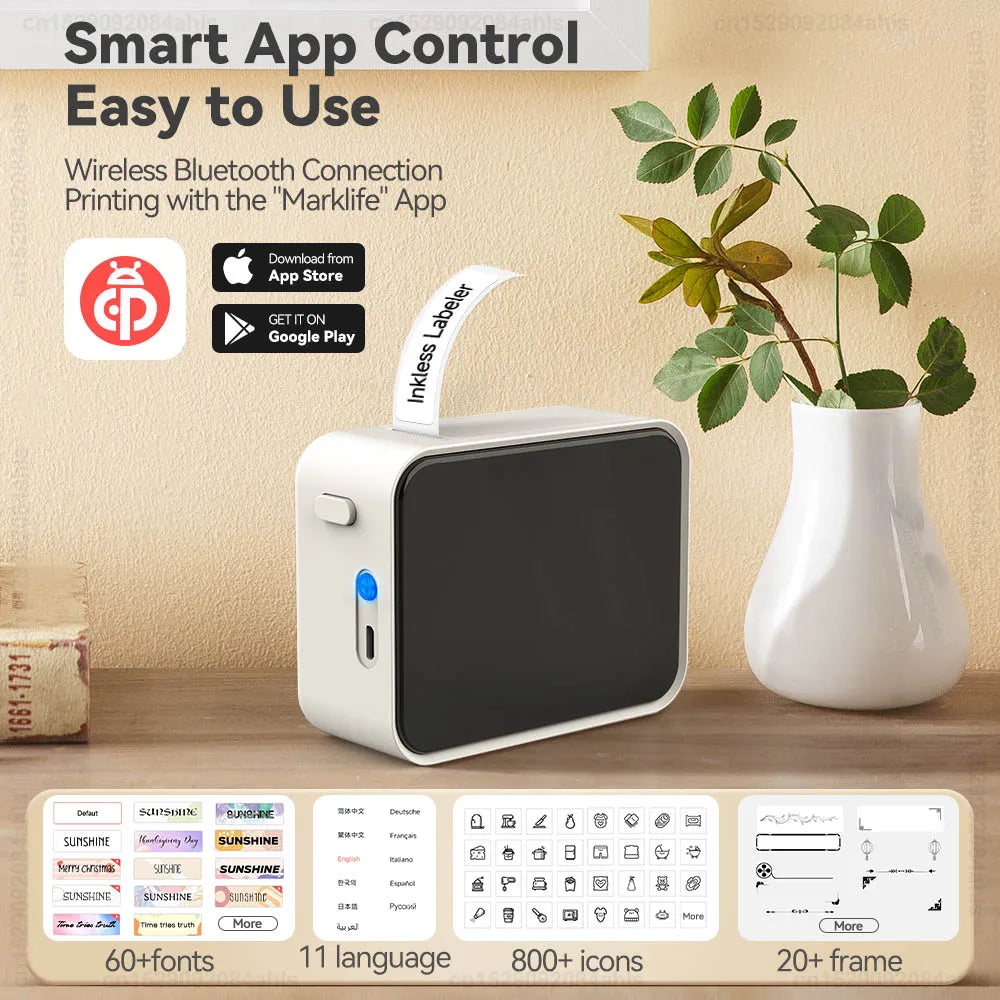 Portable Label Printer Mini Bluetooth Labeling Machine DIY Adhesive Label Stickers Thermal Printer or 5PK White Label Tapes
