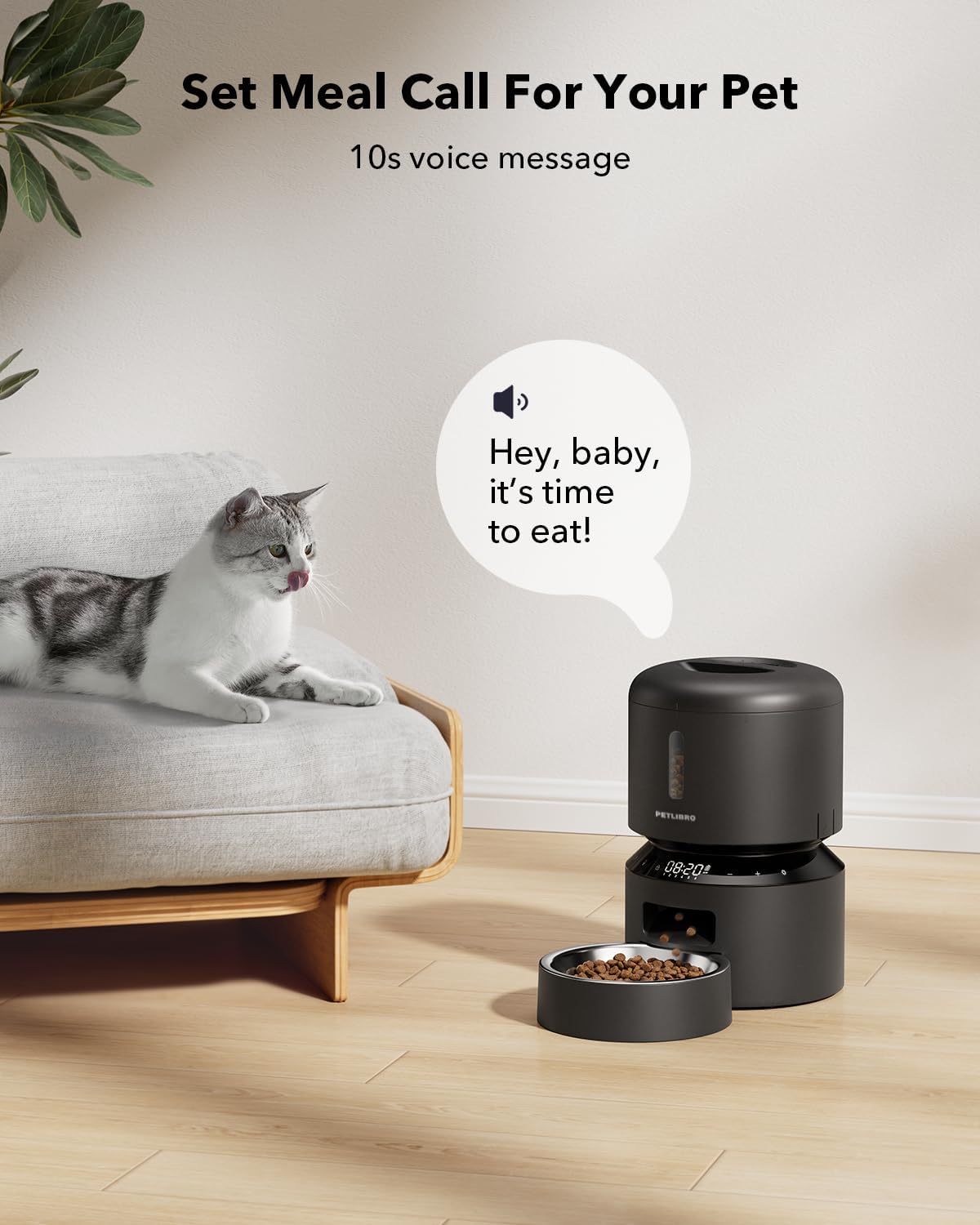 Automatic Cat Feeder, Automatic Dog Food Dispenser with Freshness Preservation, Timed Pet Feeders for Dry Food, up to 50 Portions 6 Meals per Day, Granary Black
