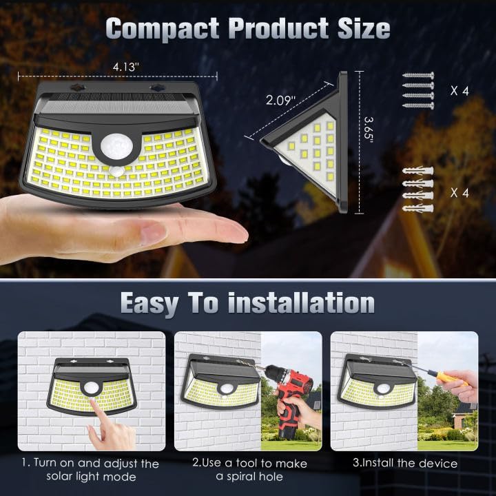 New Solar Motion Sensor Lights 120 Leds with Lights Reflector,270° Wide Angle, IP65 Waterproof, Step Lights for Front Door, Yard, Garage, Deck (Front Button 2-Pack)