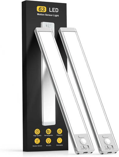 10Inch under Cabinet Lighting, 2 Pack Rechargeable Motion Sensor Light Indoor, 5 Levels Dimmable Magnetic Closet Lights, Wireless under Counter Lights for Kitchen, Stairs