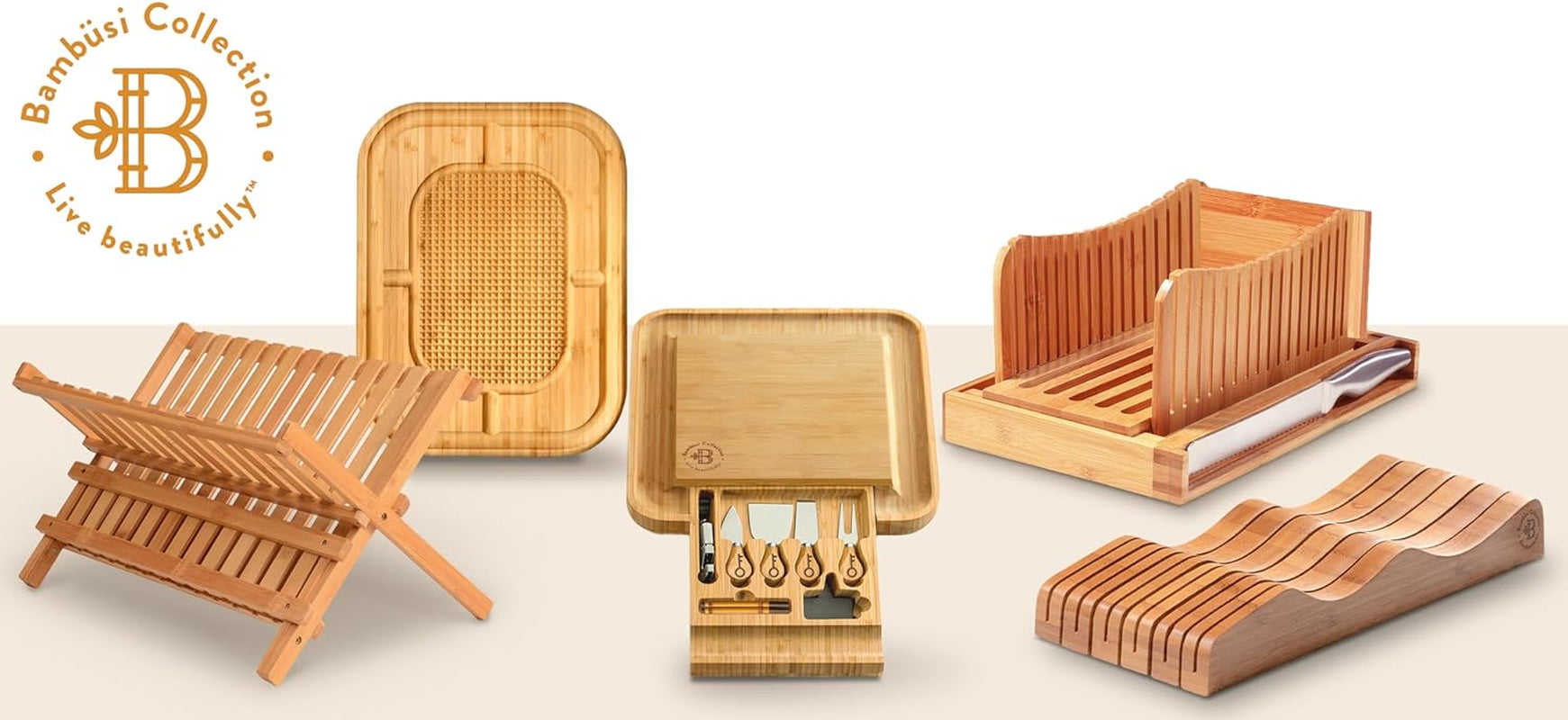 BAMBUSI Dish Drying Rack - Collapsible 2-Tier Bamboo Dish Rack for Kitchen Counter, Wooden Dish Drainer with Foldable Space-Saving Design - Drying Rack for Dishes, Plates, and Cups - Housewarming Gift