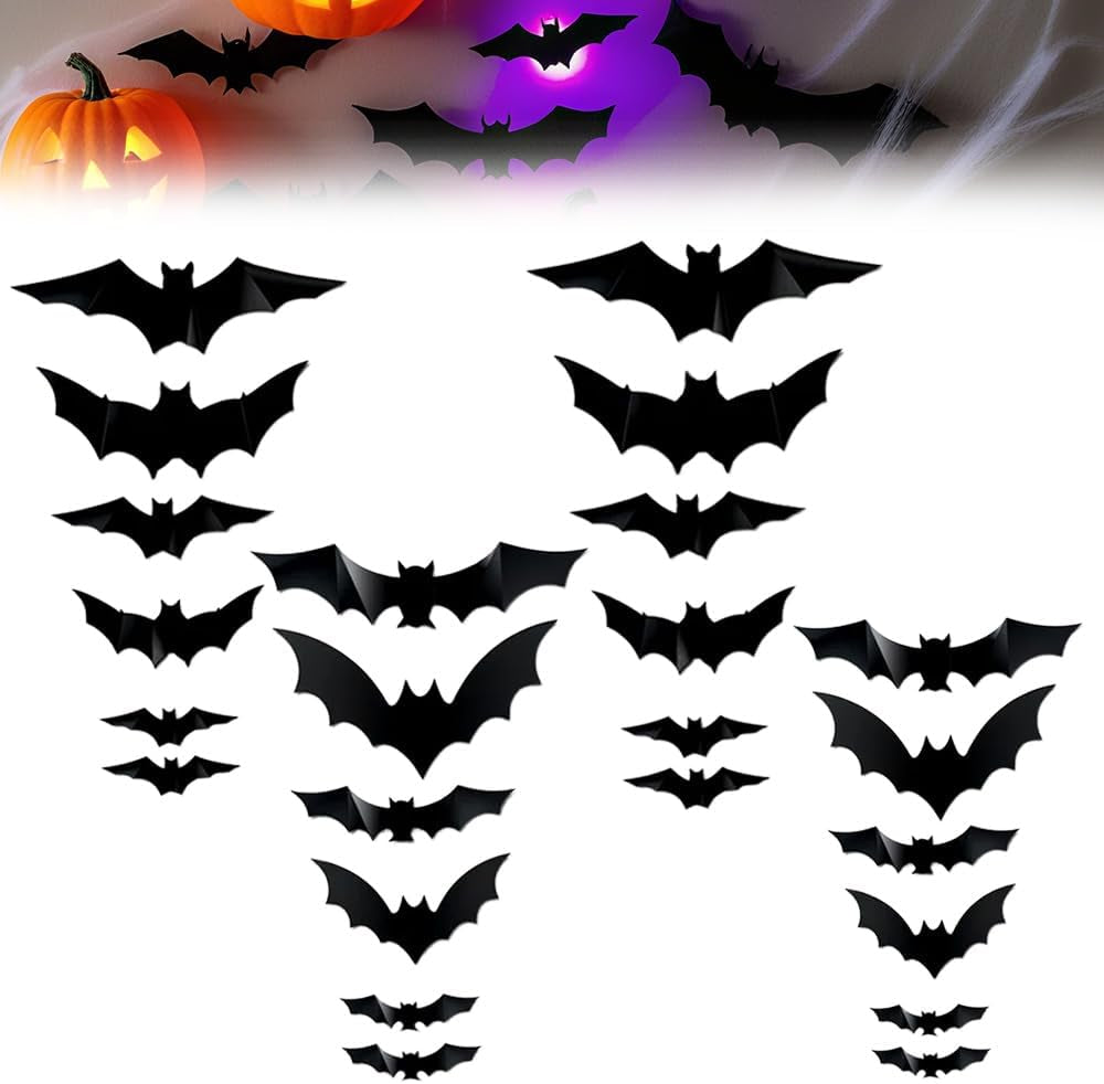 2025 New Halloween 3D Lighted Bats, LED Purple Lighted 3D Bats Halloween Decoration, Upgrade LED Glowing Bat Group Hanging Wall Luminous Glow Clings Multipack (24Pcs Black)