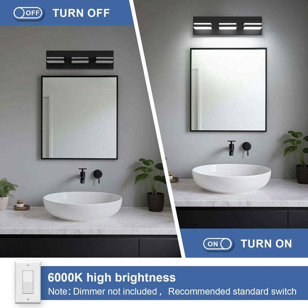 Modern LED Bathroom Lights Fixtures(3-Light),Metal Black Acrylic Wall Lighting,Vanity Lights for Bathroom over Mirror(6000K 16In