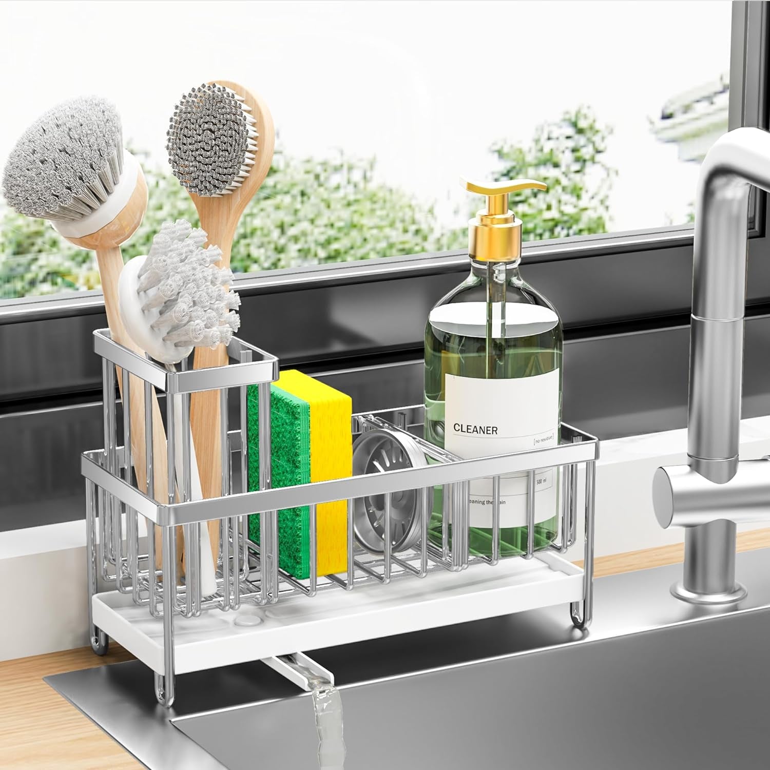 Black Sponge Holder for Kitchen Sink, Sink Caddy Organizer with High Brush Holder, Kitchen Countertop Organizers and Storage Essentials, Rustproof 304 Stainless Steel, Soap Dispenser Organize