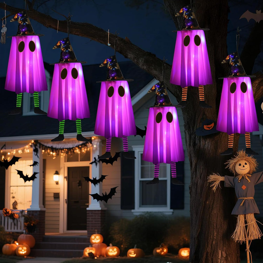 3P Lights up Hanging Ghosts Halloween Decorations Outdoor(Purple & Orange), Timer, IP65 Waterproof, Battery Operated Halloween Lights with Witch Hats, Holiday Decorations for Tree Patio Garden