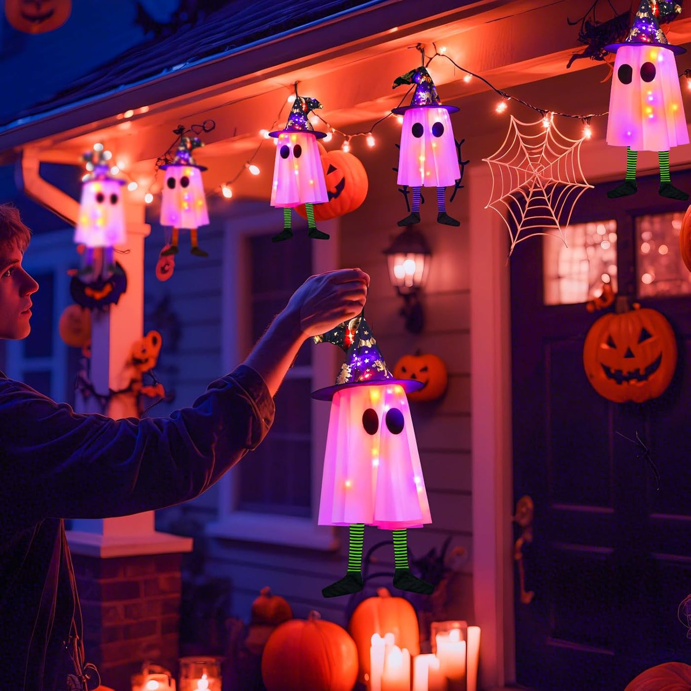 3P Lights up Hanging Ghosts Halloween Decorations Outdoor(Purple & Orange), Timer, IP65 Waterproof, Battery Operated Halloween Lights with Witch Hats, Holiday Decorations for Tree Patio Garden