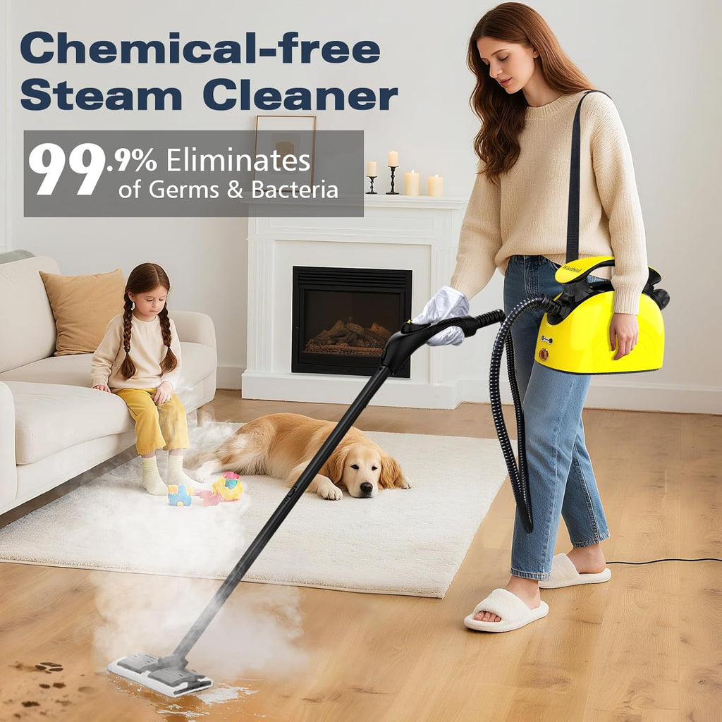Steam Cleaner, Multipurpose Powerful Steamer with 21 Accessories, 248°F High-Temperature Steam for Floors, Grout, Tiles, Carpet, Cars - Portable 1.08L Tank, Child Lock, Chemical-Free Cleaning (Yellow)