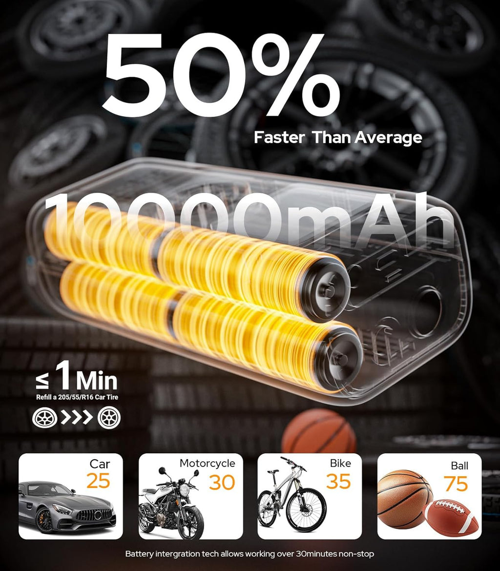 160PSI Tire Inflator Portable Air Compressor - 48LPM Fast Air Pump for Car Tires: SUV, Light Truck, Motorcycle, Bike, 10000Mah with Auto Shut-Off, Digital Gauge, 12V Car Adapter, LED Light