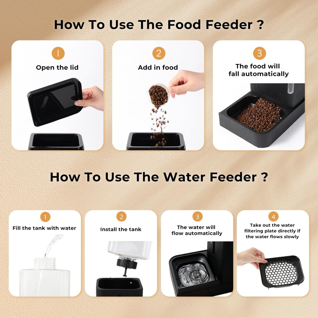 Gravity Cat Feeder and Water Dispenser, 2 in 1 Cat Self Feeder with 180 Degree Rotatable, 2 Pack Automatic Feeding Large Capacity for Small Medium Dog Puppy Kitten, Black, 0.8 Gallon X 2