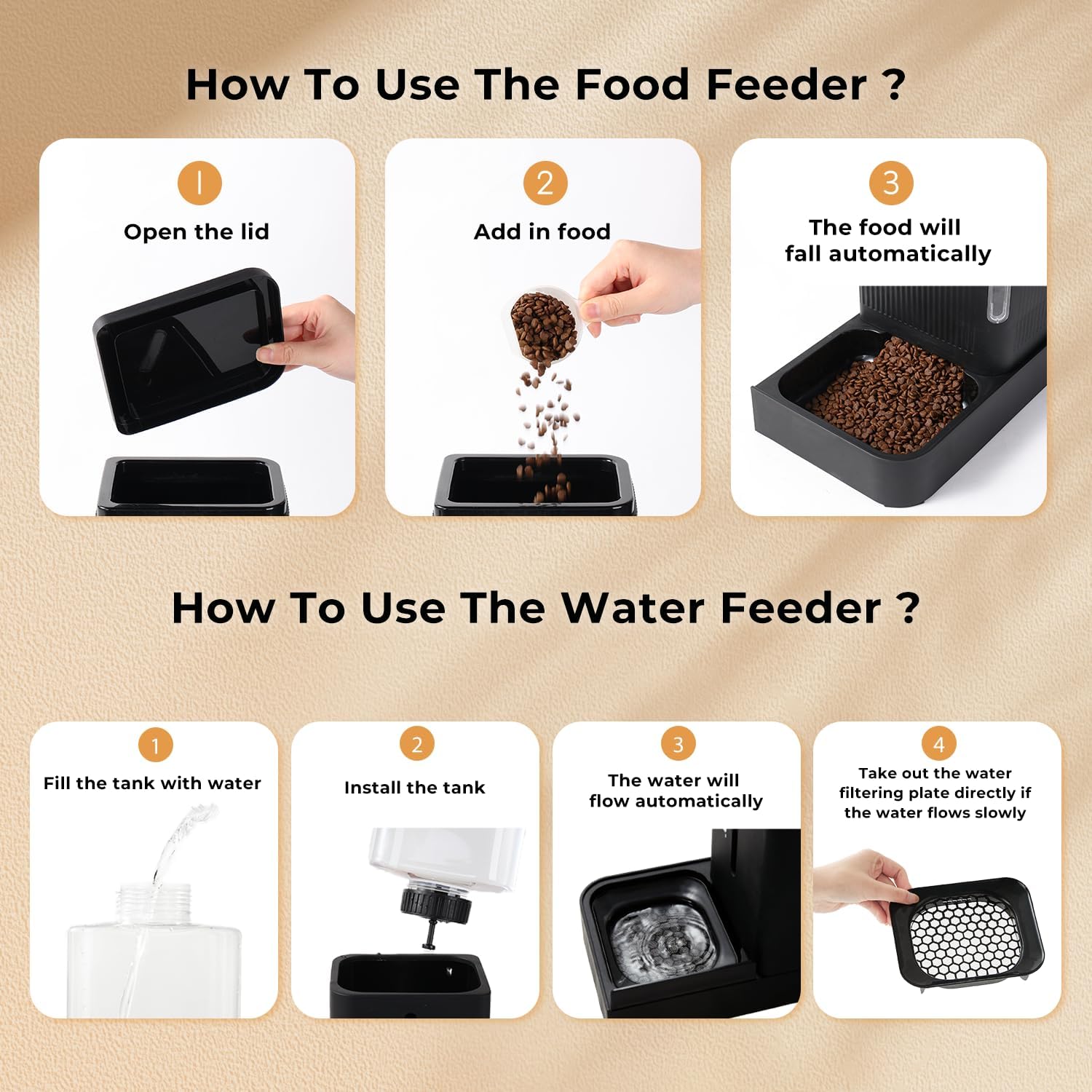 Gravity Cat Feeder and Water Dispenser, 2 in 1 Cat Self Feeder with 180 Degree Rotatable, 2 Pack Automatic Feeding Large Capacity for Small Medium Dog Puppy Kitten, Black, 0.8 Gallon X 2