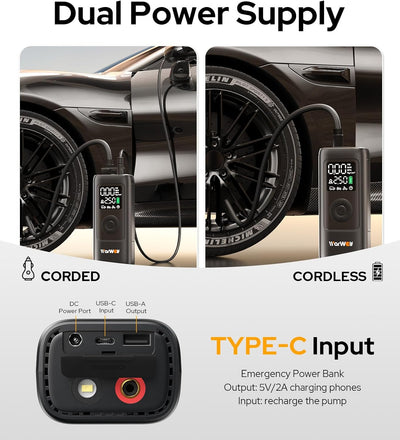 160PSI Tire Inflator Portable Air Compressor - 48LPM Fast Air Pump for Car Tires: SUV, Light Truck, Motorcycle, Bike, 10000Mah with Auto Shut-Off, Digital Gauge, 12V Car Adapter, LED Light