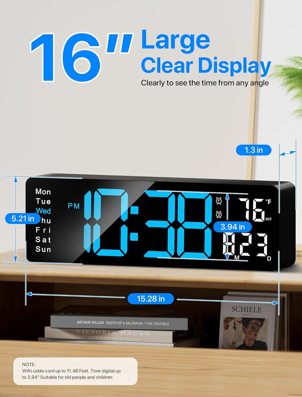 Digital Wall Clock, 16" Large Display Digital Clock with Remote Control, Auto-Dimming Wall Clock with Night Light, DST, Date Week,Temp for Living Room, Bedroom, Decor, Gift for Elderly