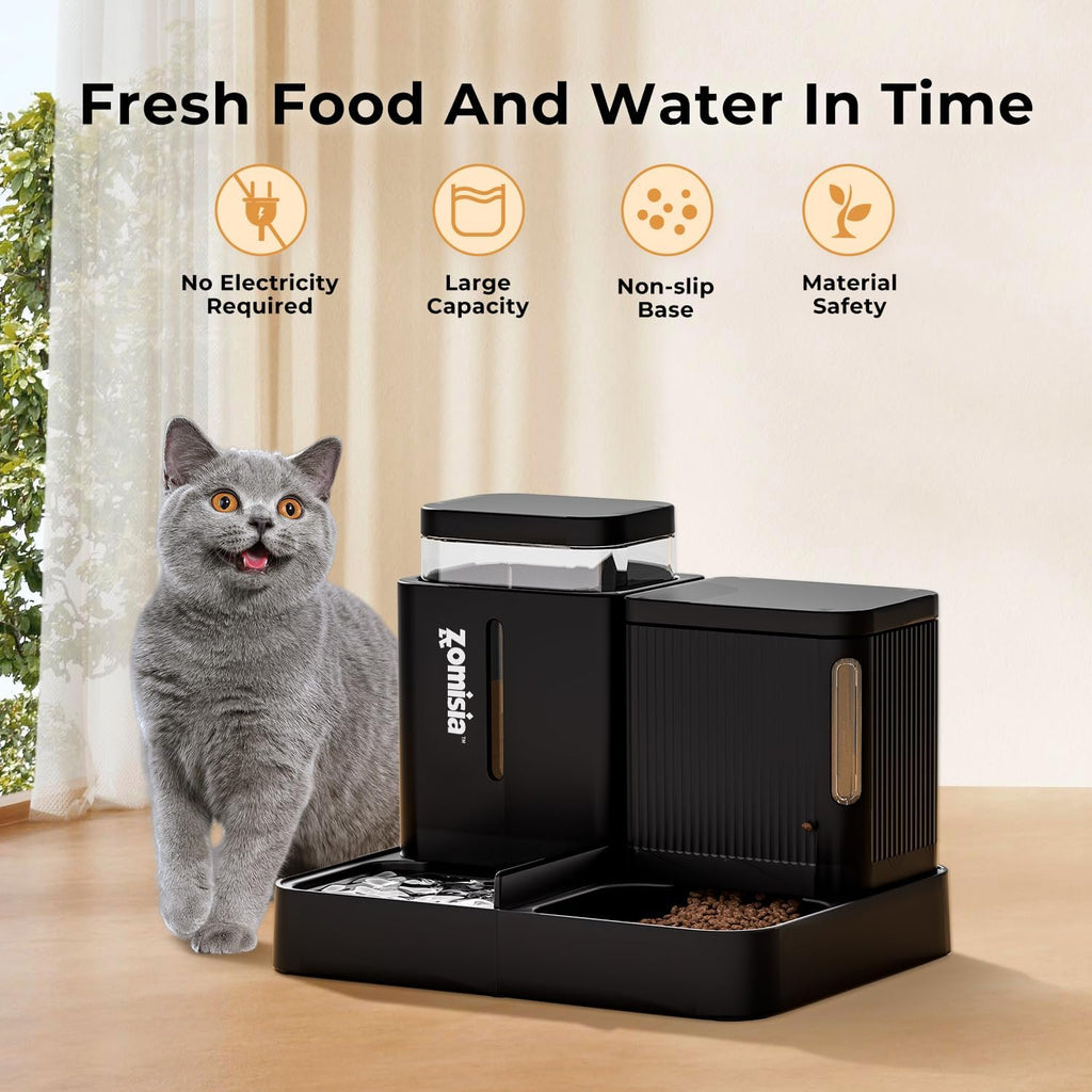 Gravity Cat Feeder and Water Dispenser, 2 in 1 Cat Self Feeder with 180 Degree Rotatable, 2 Pack Automatic Feeding Large Capacity for Small Medium Dog Puppy Kitten, Black, 0.8 Gallon X 2