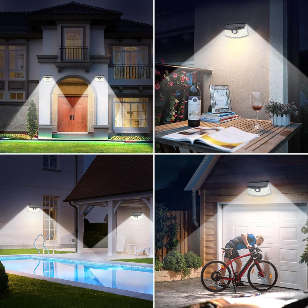 New Solar Motion Sensor Lights 120 Leds with Lights Reflector,270° Wide Angle, IP65 Waterproof, Step Lights for Front Door, Yard, Garage, Deck (Front Button 2-Pack)
