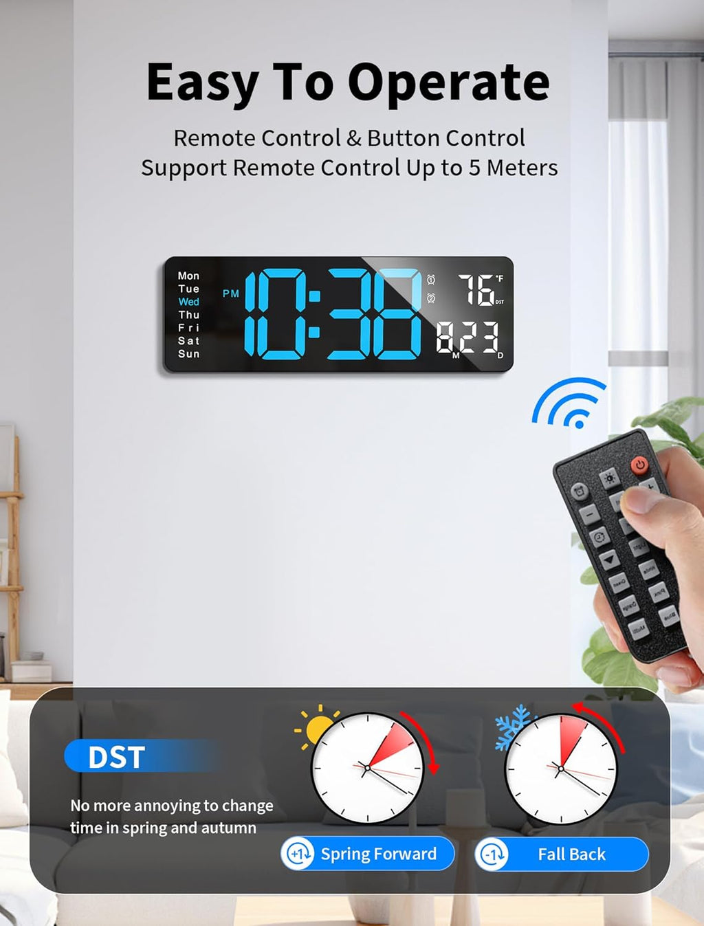 Digital Wall Clock, 16" Large Display Digital Clock with Remote Control, Auto-Dimming Wall Clock with Night Light, DST, Date Week,Temp for Living Room, Bedroom, Decor, Gift for Elderly