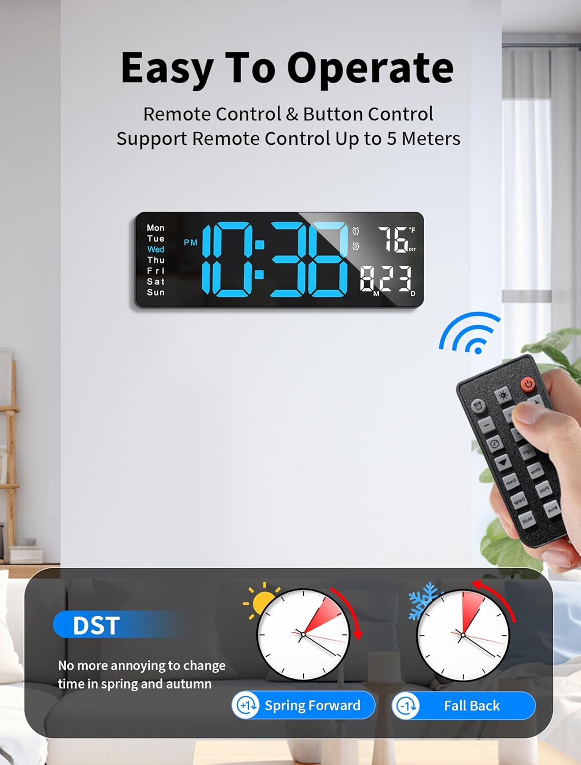 Digital Wall Clock, 16" Large Display Digital Clock with Remote Control, Auto-Dimming Wall Clock with Night Light, DST, Date Week,Temp for Living Room, Bedroom, Decor, Gift for Elderly