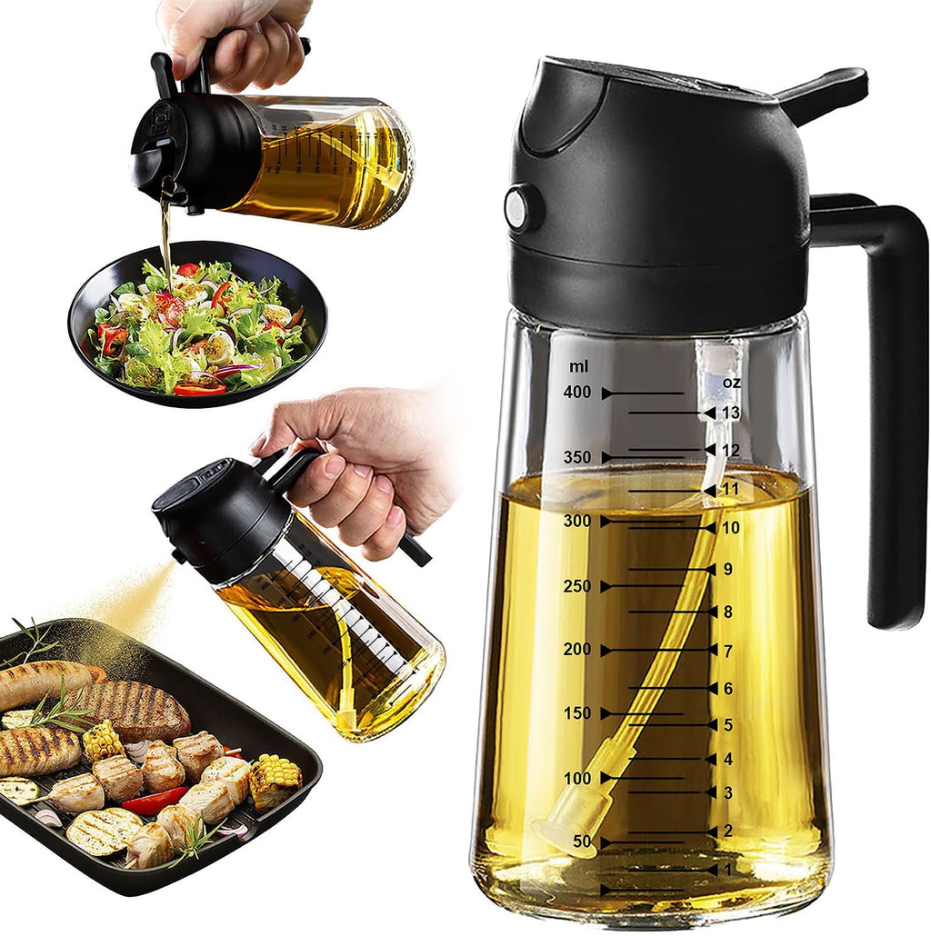 16Oz/470Ml Glass Olive Oil Sprayer for Cooking – 2 in 1 Olive Oil Dispenser Bottle for Kitchen Gadgets and Air Fryer Accessories, Salad, BBQ - Black