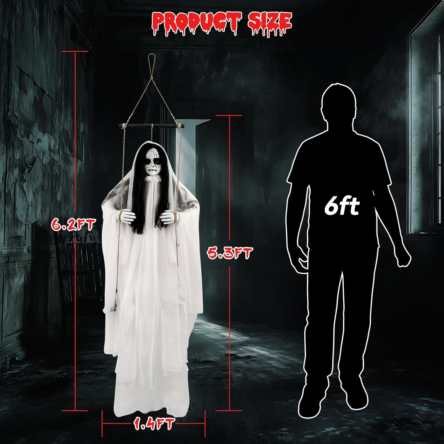 Scary Halloween Decorations Outdoor, Hanging Swinging Girl with Sound & Slap Activated, Light up Eyes, Creepy Expression, 6.2FT Halloween Decor for Indoor Outdoor Haunted House
