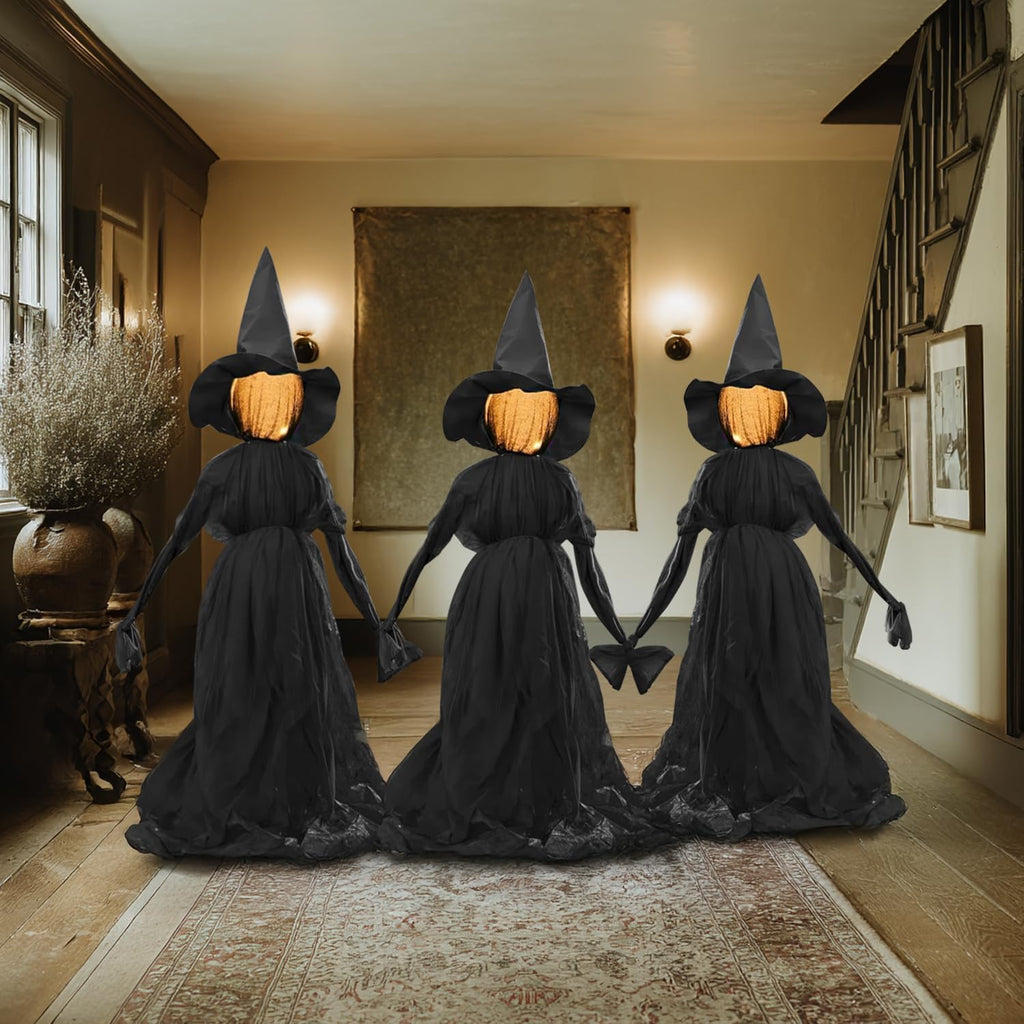 Halloween Witch Decorations Outdoor, 5 FT Set of 3 Holding Hands Witches Stakes with Glowing Face, Lighted Halloween Decor for Party Yard Lawn Porch Garden Haunted House Props