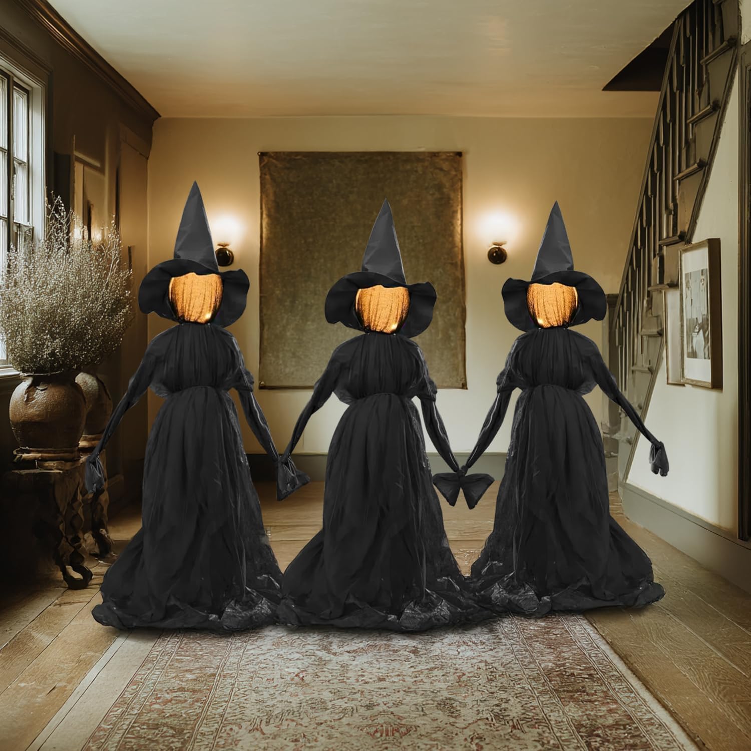 Halloween Witch Decorations Outdoor, 5 FT Set of 3 Holding Hands Witches Stakes with Glowing Face, Lighted Halloween Decor for Party Yard Lawn Porch Garden Haunted House Props