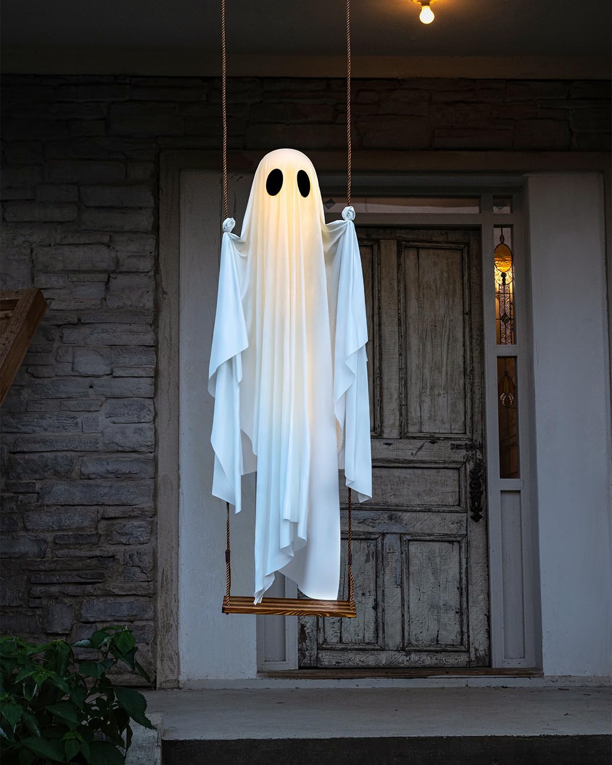 Halloween Decorations Outdoor - 5 FT Large Hanging Swing Ghost Halloween Decor with String Lights, Spooky Cute Ghosts Decorations for Front Porch Yard Tree