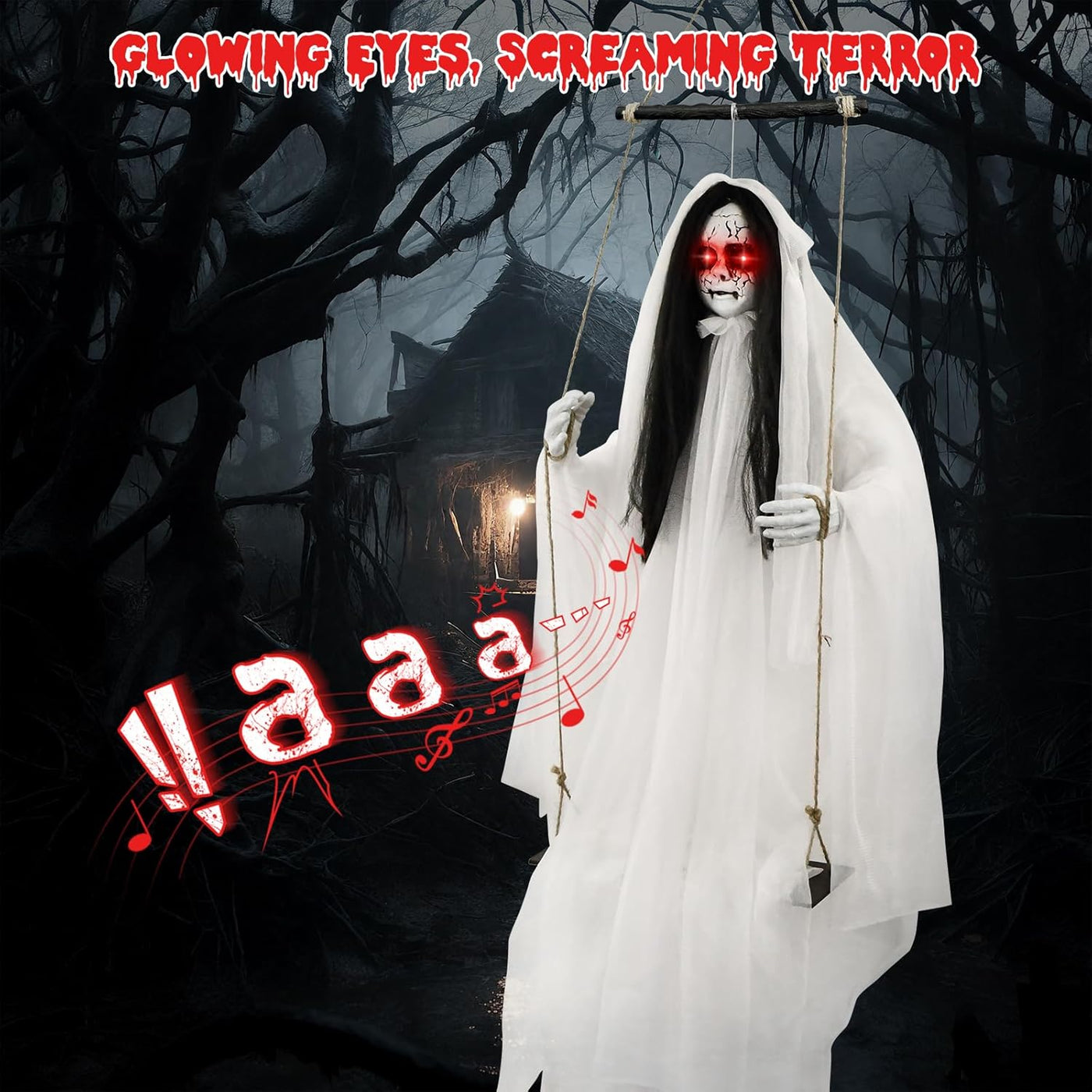 Scary Halloween Decorations Outdoor, Hanging Swinging Girl with Sound & Slap Activated, Light up Eyes, Creepy Expression, 6.2FT Halloween Decor for Indoor Outdoor Haunted House