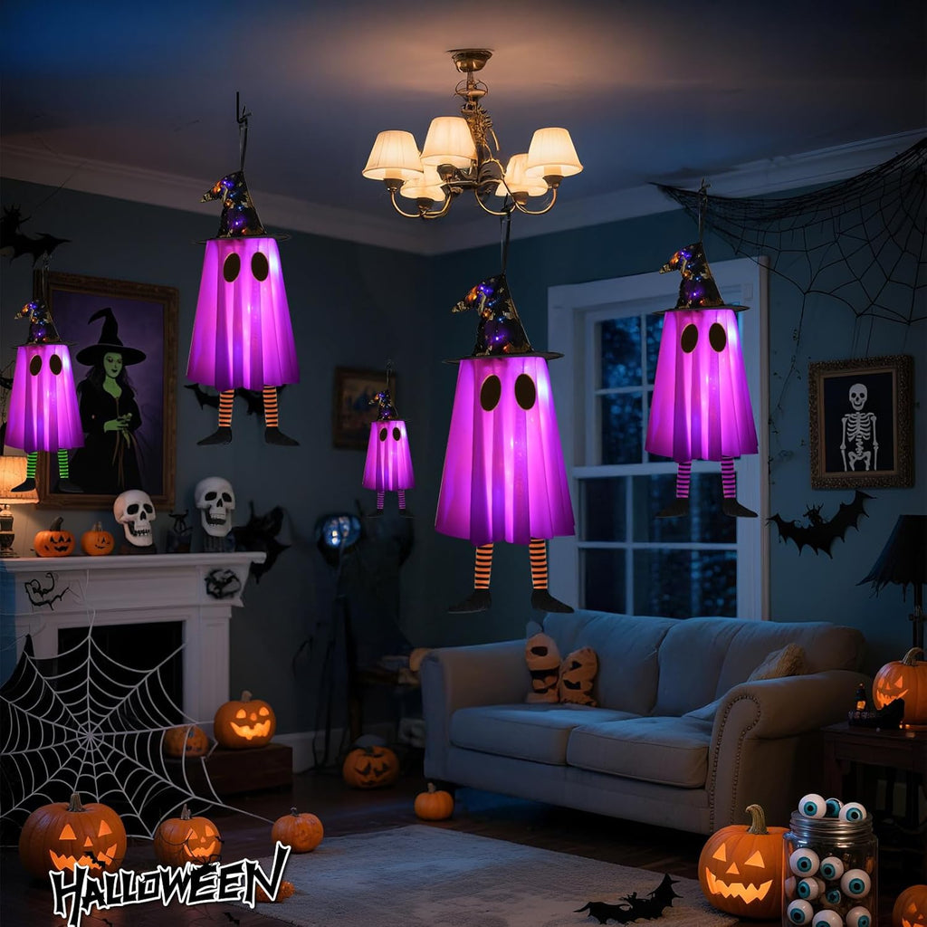 3P Lights up Hanging Ghosts Halloween Decorations Outdoor(Purple & Orange), Timer, IP65 Waterproof, Battery Operated Halloween Lights with Witch Hats, Holiday Decorations for Tree Patio Garden