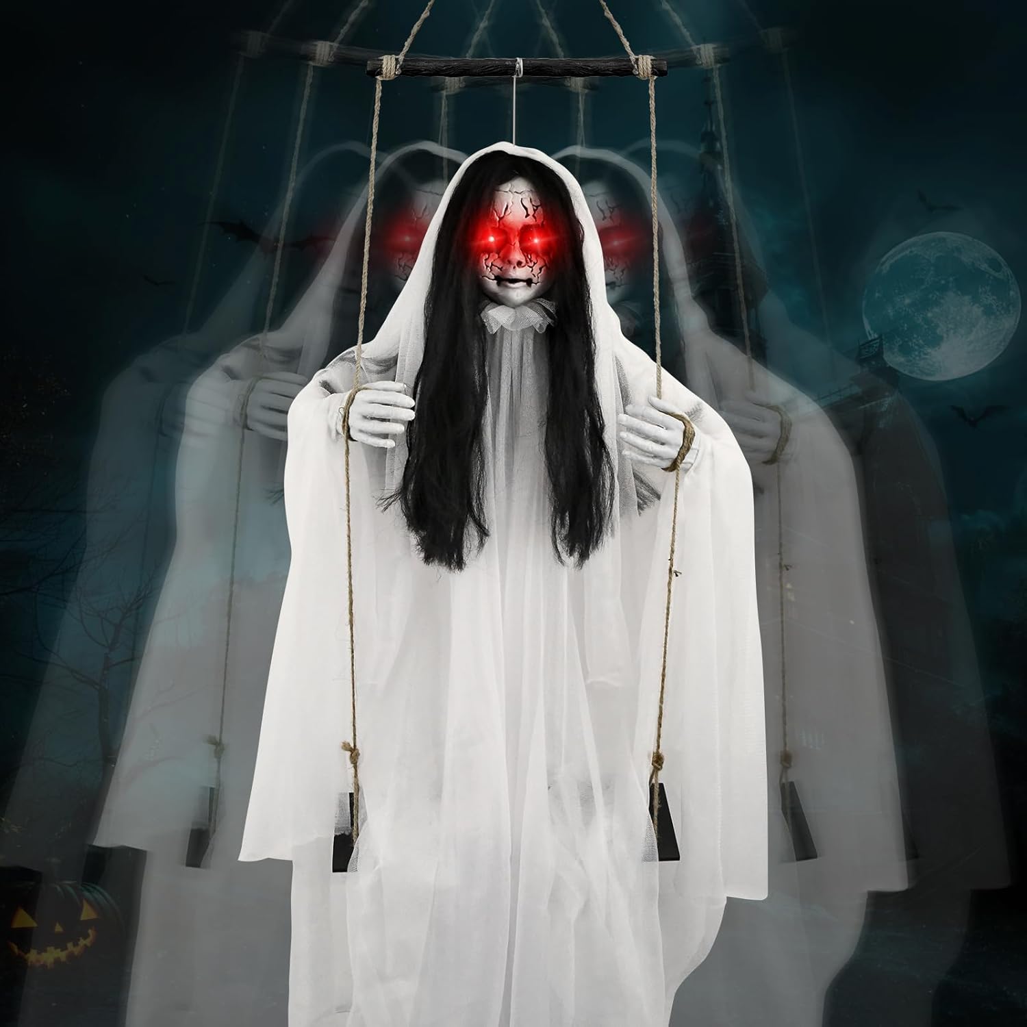 Scary Halloween Decorations Outdoor, Hanging Swinging Girl with Sound & Slap Activated, Light up Eyes, Creepy Expression, 6.2FT Halloween Decor for Indoor Outdoor Haunted House