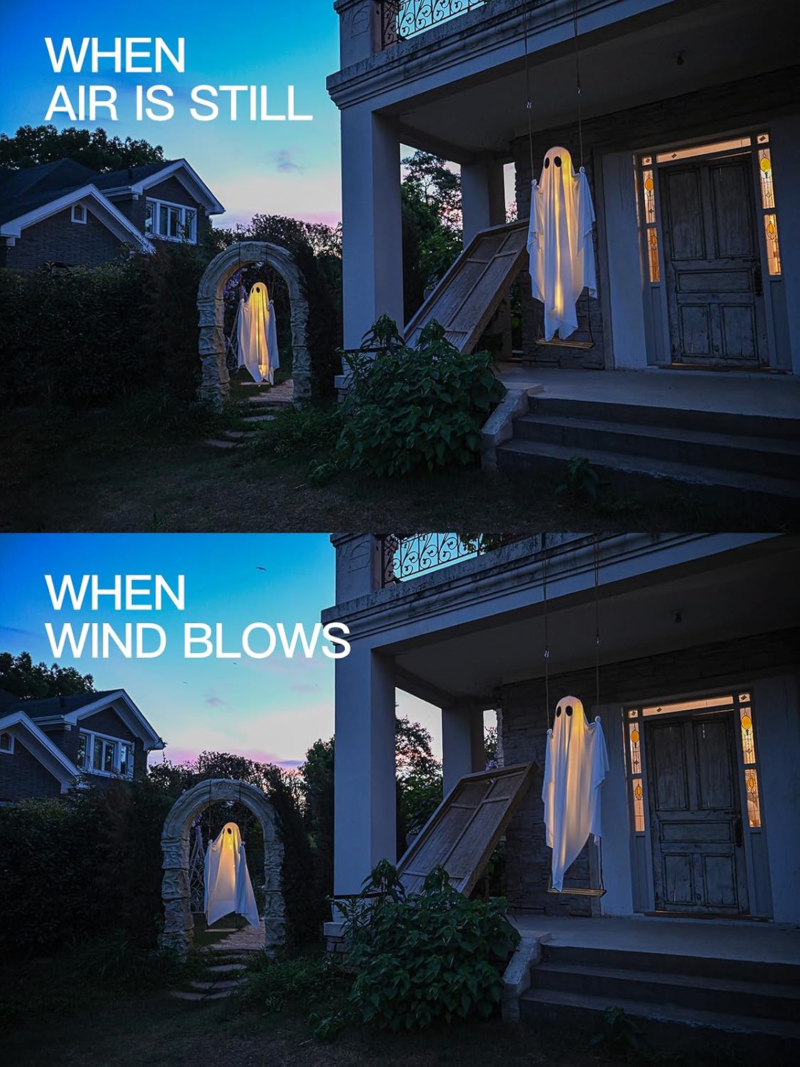 Halloween Decorations Outdoor - 5 FT Large Hanging Swing Ghost Halloween Decor with String Lights, Spooky Cute Ghosts Decorations for Front Porch Yard Tree