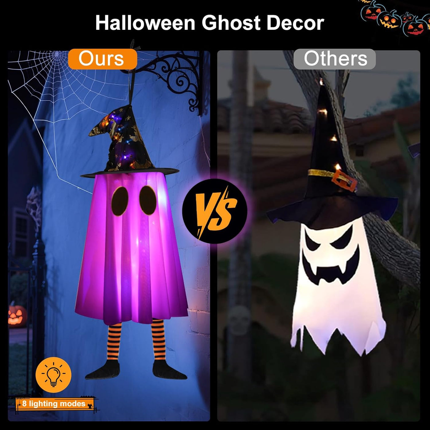 3P Lights up Hanging Ghosts Halloween Decorations Outdoor(Purple & Orange), Timer, IP65 Waterproof, Battery Operated Halloween Lights with Witch Hats, Holiday Decorations for Tree Patio Garden