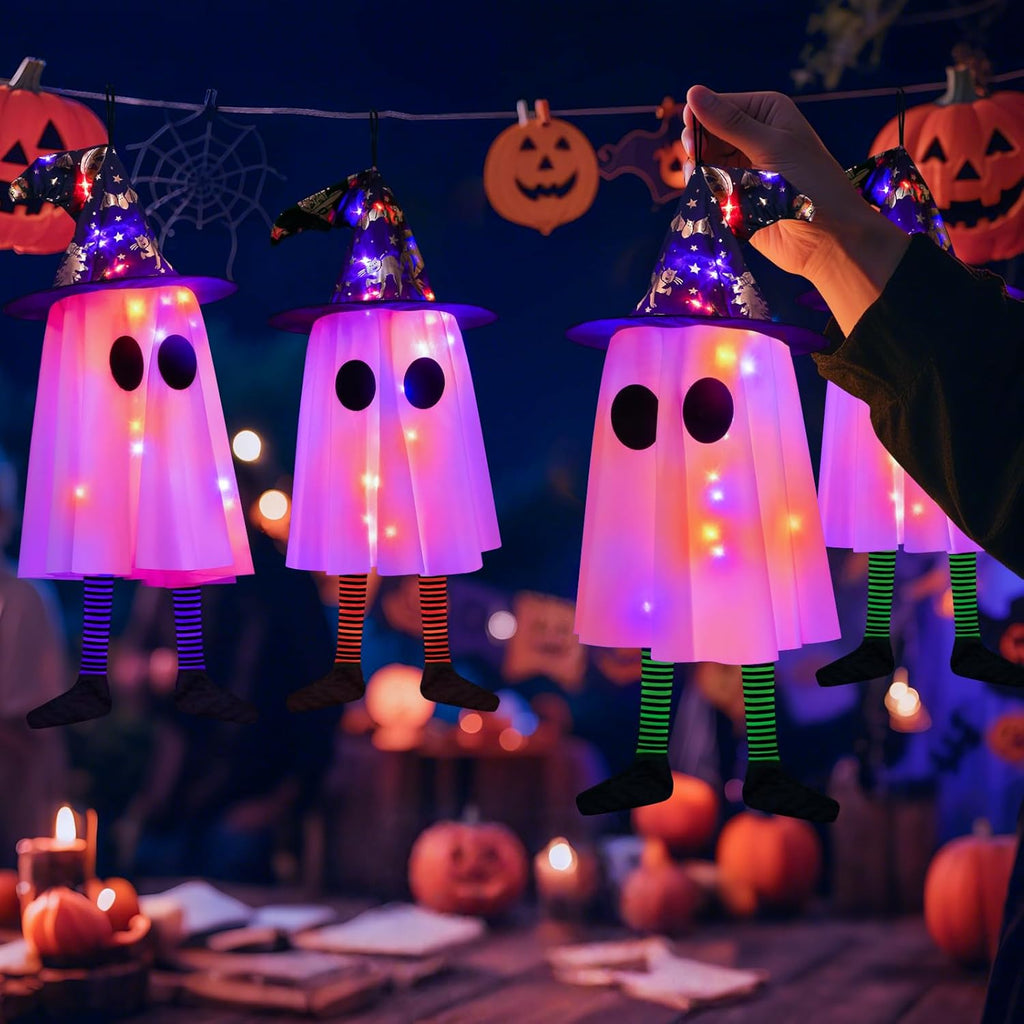 3P Lights up Hanging Ghosts Halloween Decorations Outdoor(Purple & Orange), Timer, IP65 Waterproof, Battery Operated Halloween Lights with Witch Hats, Holiday Decorations for Tree Patio Garden