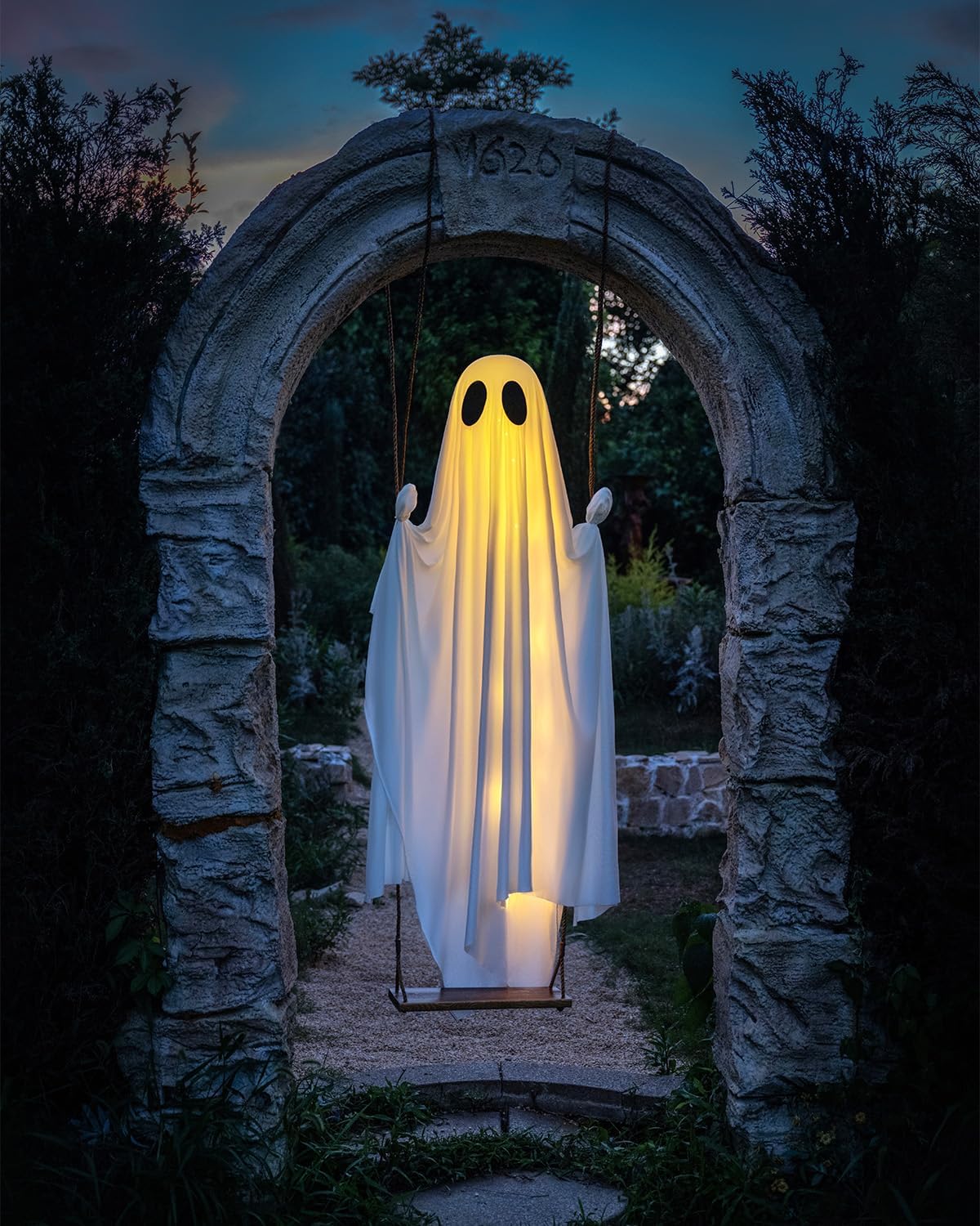Halloween Decorations Outdoor - 5 FT Large Hanging Swing Ghost Halloween Decor with String Lights, Spooky Cute Ghosts Decorations for Front Porch Yard Tree