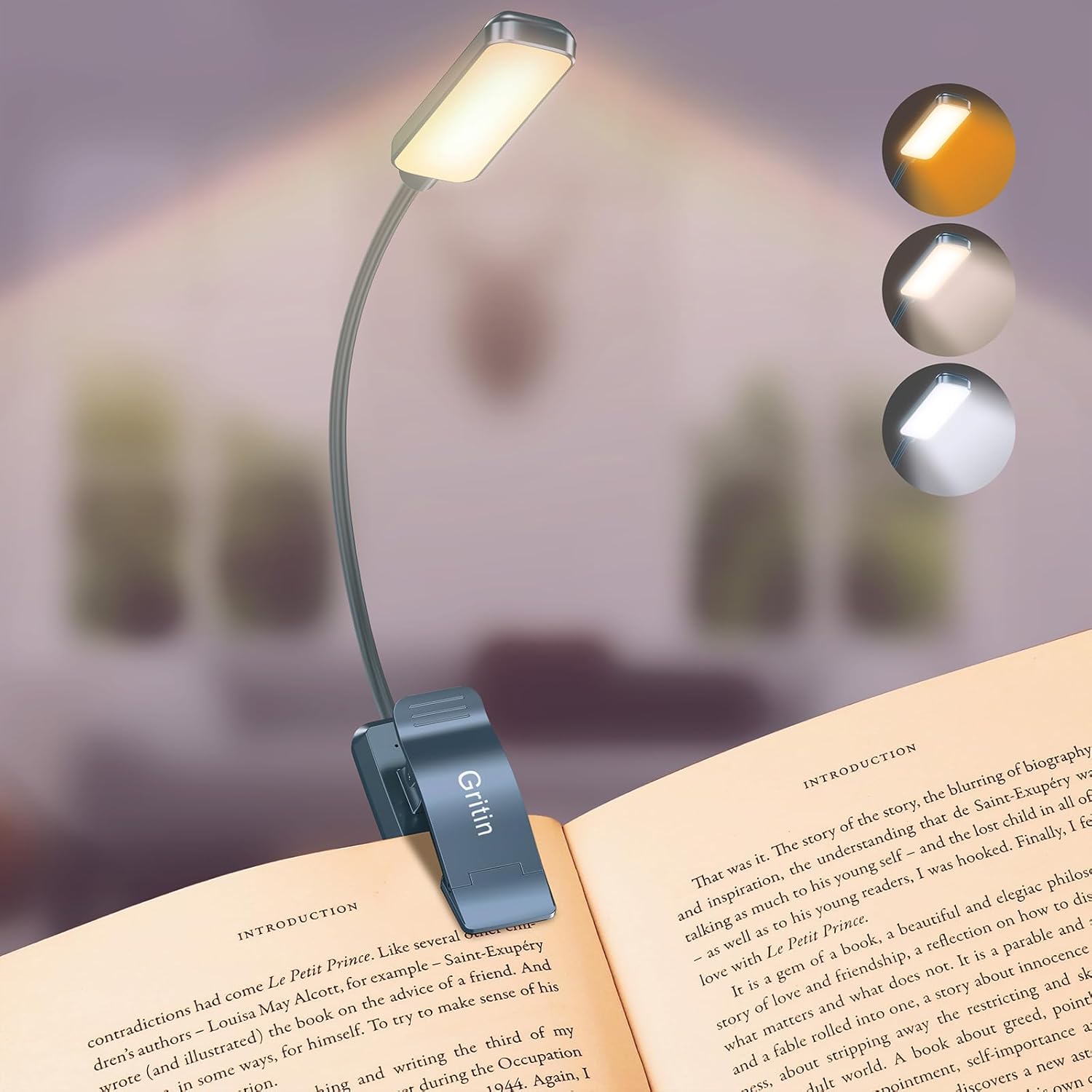 9 LED Rechargeable Book Light for Reading in Bed - Eye Caring 3 Color Temperatures,Stepless Dimming Brightness,80 Hrs Runtime Small Lightweight Clip on Book Reading Light for Studying