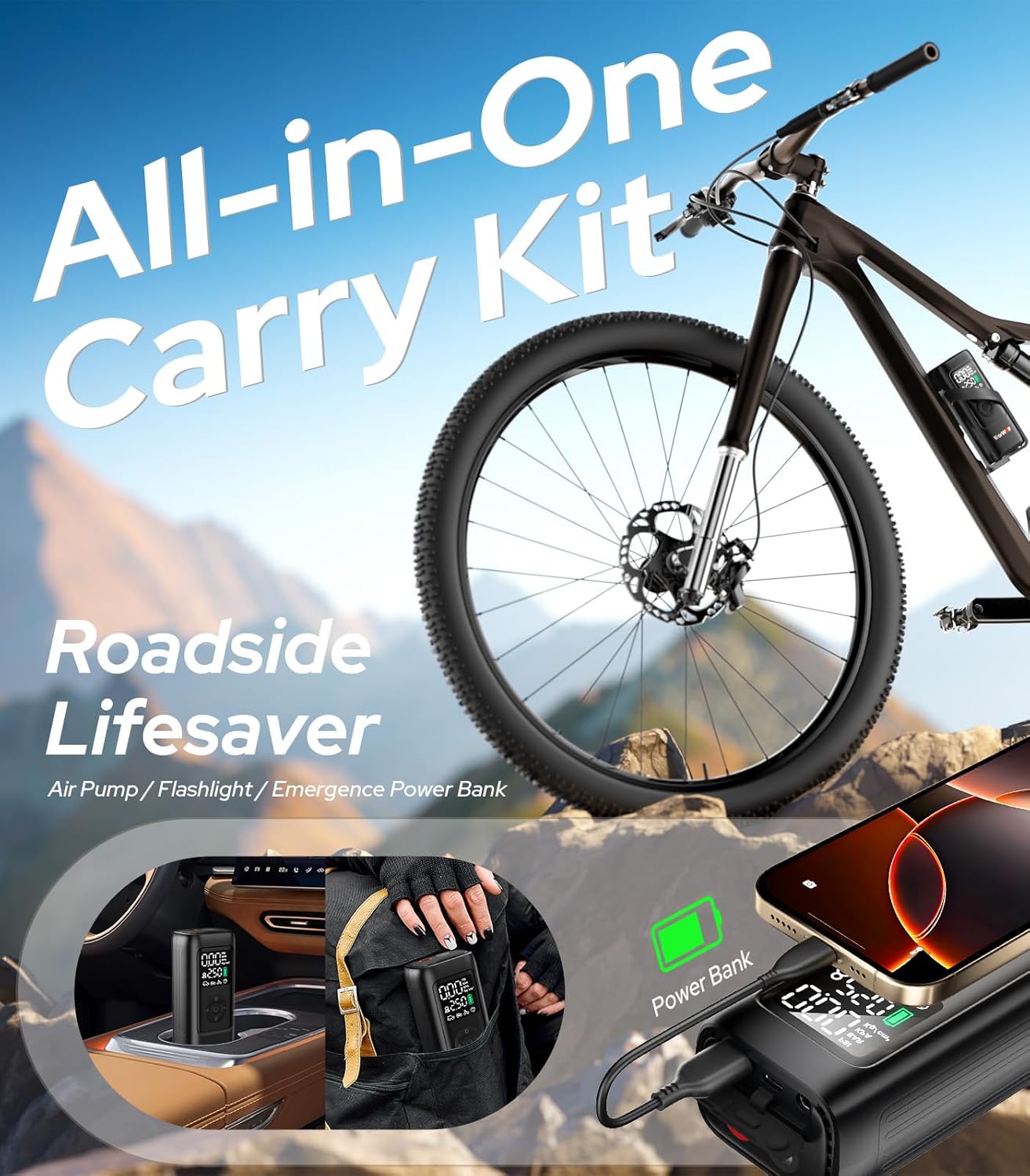 160PSI Tire Inflator Portable Air Compressor - 48LPM Fast Air Pump for Car Tires: SUV, Light Truck, Motorcycle, Bike, 10000Mah with Auto Shut-Off, Digital Gauge, 12V Car Adapter, LED Light