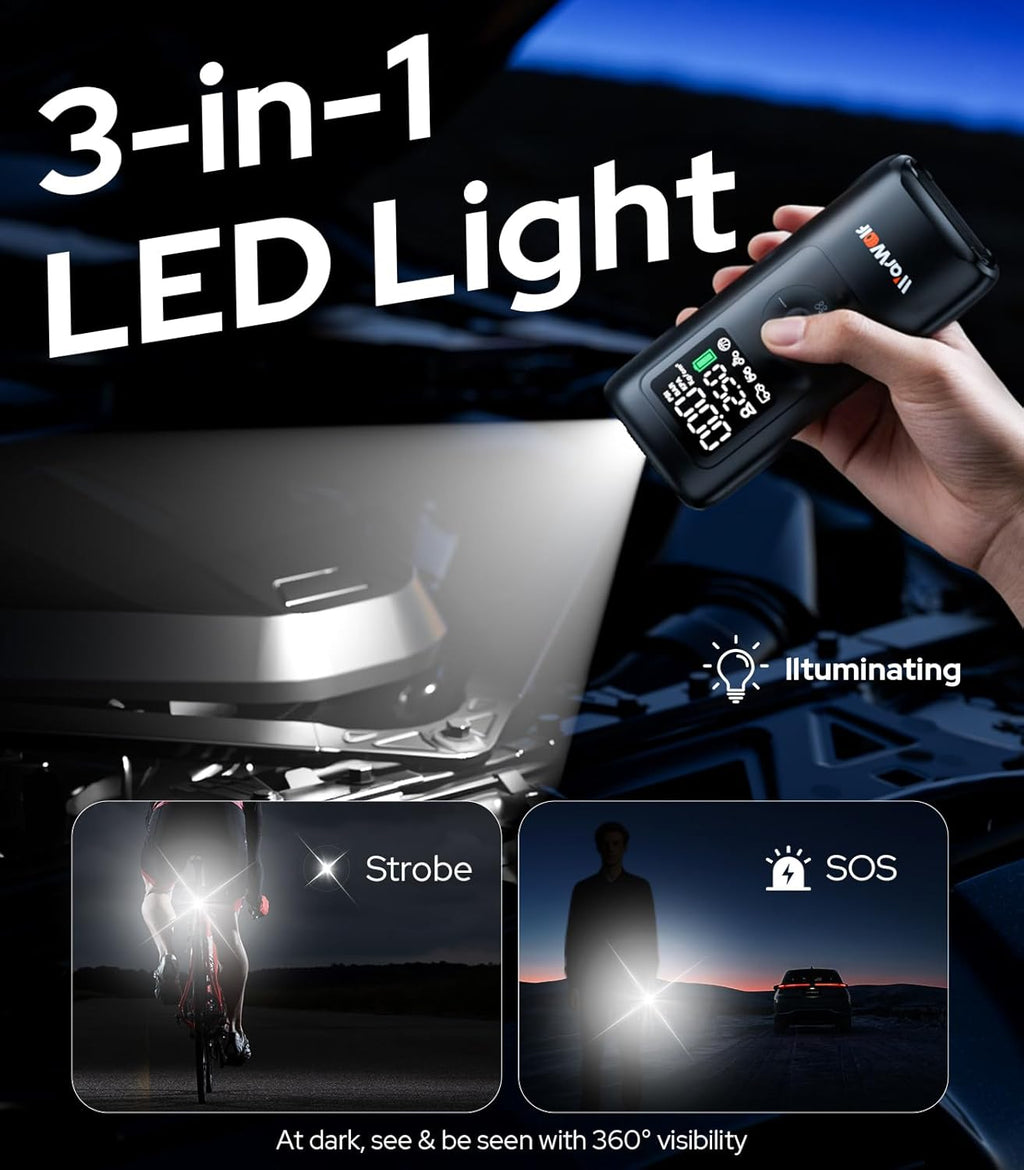 160PSI Tire Inflator Portable Air Compressor - 48LPM Fast Air Pump for Car Tires: SUV, Light Truck, Motorcycle, Bike, 10000Mah with Auto Shut-Off, Digital Gauge, 12V Car Adapter, LED Light