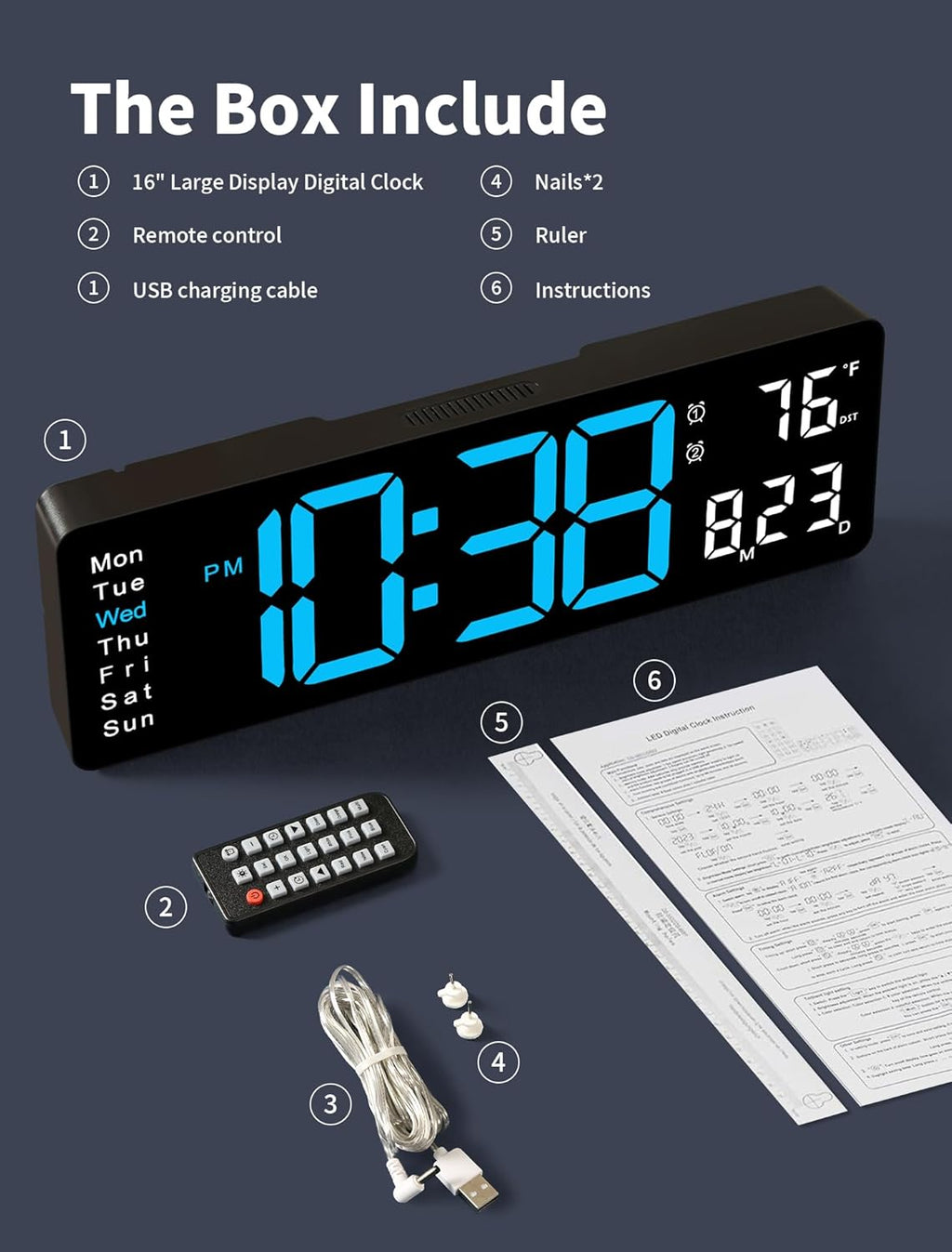 Digital Wall Clock, 16" Large Display Digital Clock with Remote Control, Auto-Dimming Wall Clock with Night Light, DST, Date Week,Temp for Living Room, Bedroom, Decor, Gift for Elderly