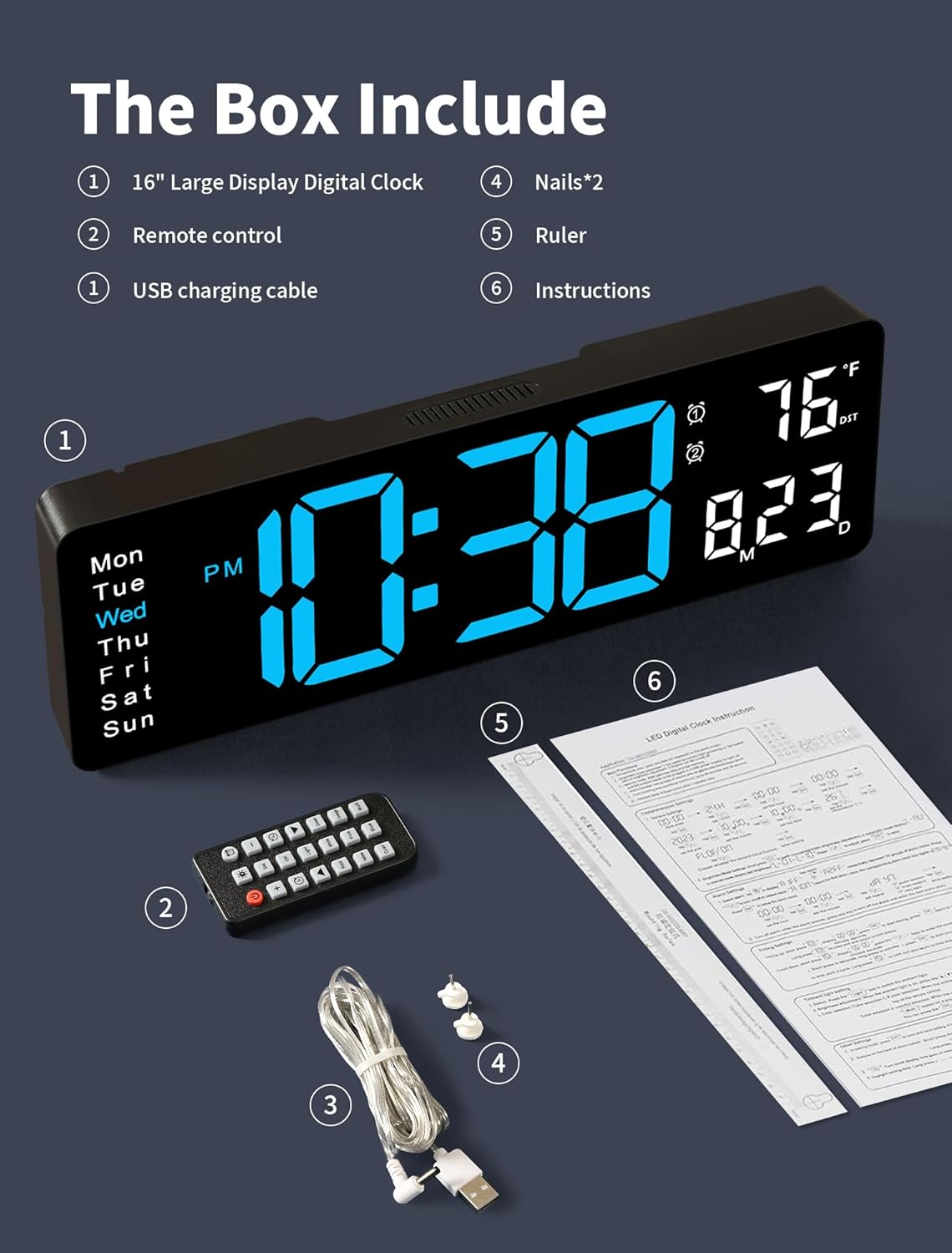 Digital Wall Clock, 16" Large Display Digital Clock with Remote Control, Auto-Dimming Wall Clock with Night Light, DST, Date Week,Temp for Living Room, Bedroom, Decor, Gift for Elderly