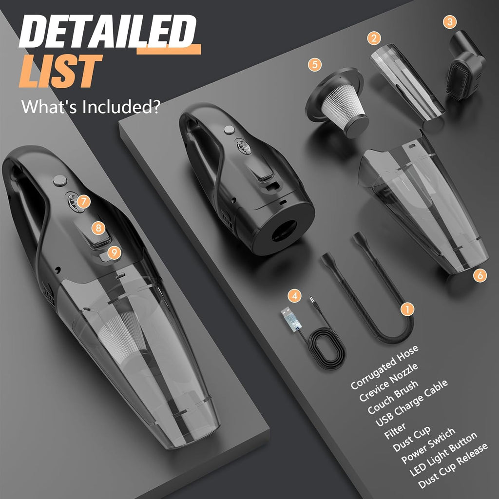 Handheld Vacuum Cordless Rechargeable with LED Light, Car Vacuum Portable Cordless, Hand Vacuum Cleaner Car Seats, Home, Quick Cleanup, Strong Suction, Lightweight, Includes Crevice Nozzle & Brush