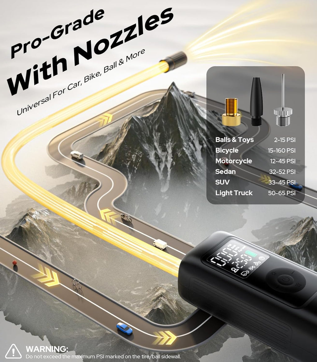 160PSI Tire Inflator Portable Air Compressor - 48LPM Fast Air Pump for Car Tires: SUV, Light Truck, Motorcycle, Bike, 10000Mah with Auto Shut-Off, Digital Gauge, 12V Car Adapter, LED Light