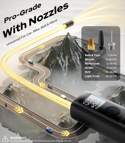 160PSI Tire Inflator Portable Air Compressor - 48LPM Fast Air Pump for Car Tires: SUV, Light Truck, Motorcycle, Bike, 10000Mah with Auto Shut-Off, Digital Gauge, 12V Car Adapter, LED Light