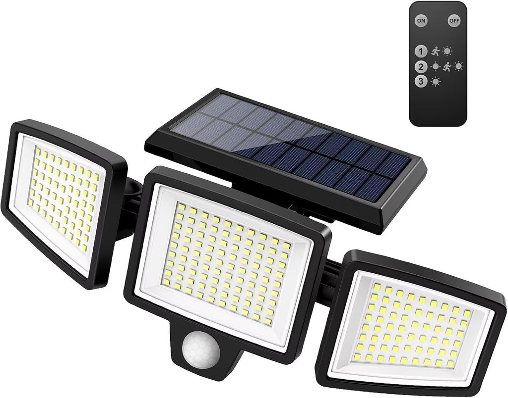 Solar Outdoor Lights 2500LM 210 LED Security Lights with Remote Control,3 Heads Motion Sensor Lights, IP65 Waterproof,270° Wide Angle Flood Wall Lights with 3 Modes(2 Packs)