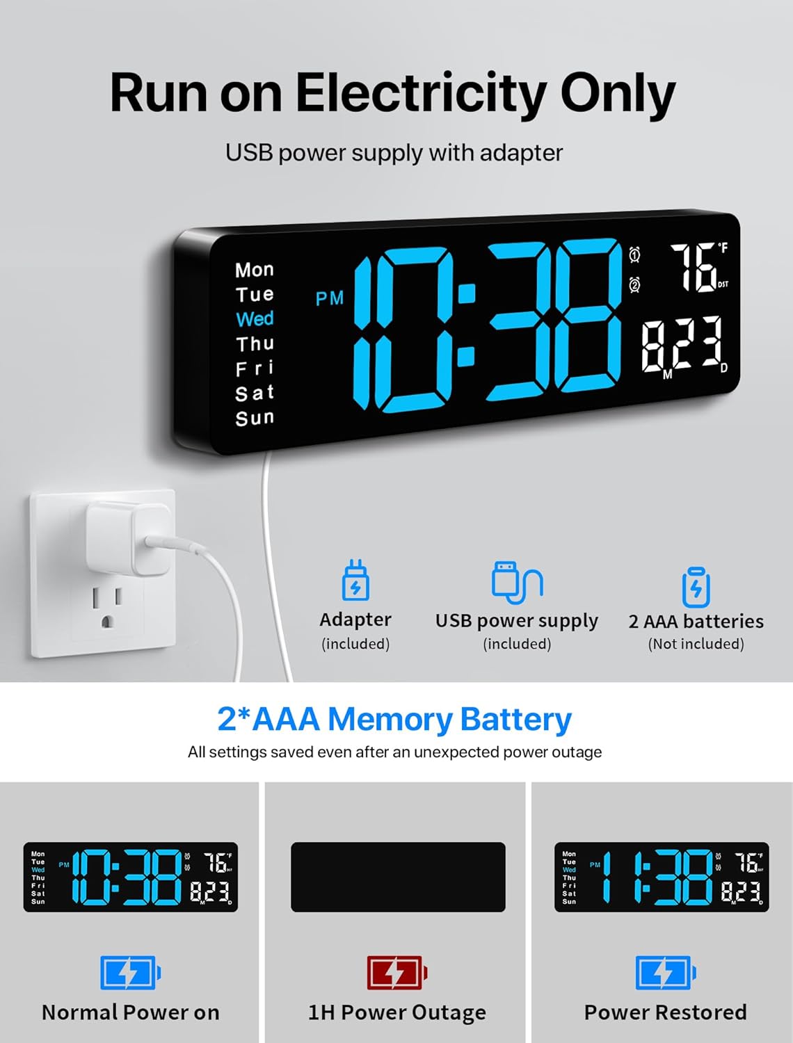 Digital Wall Clock, 16" Large Display Digital Clock with Remote Control, Auto-Dimming Wall Clock with Night Light, DST, Date Week,Temp for Living Room, Bedroom, Decor, Gift for Elderly