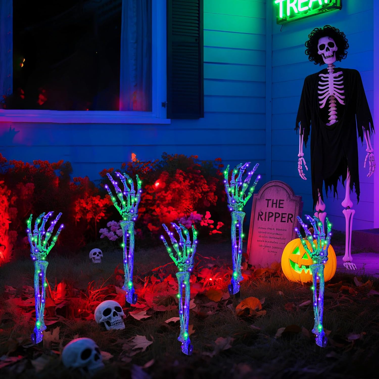 Halloween Decorations 5 Pack Solar Powered Skeleton Arm Stakeslights 110Pcs Bright LED Light Beads 8 Modes Waterproof Solar Charging Suitable for Outdoor Yard Lawn Home Party Decor