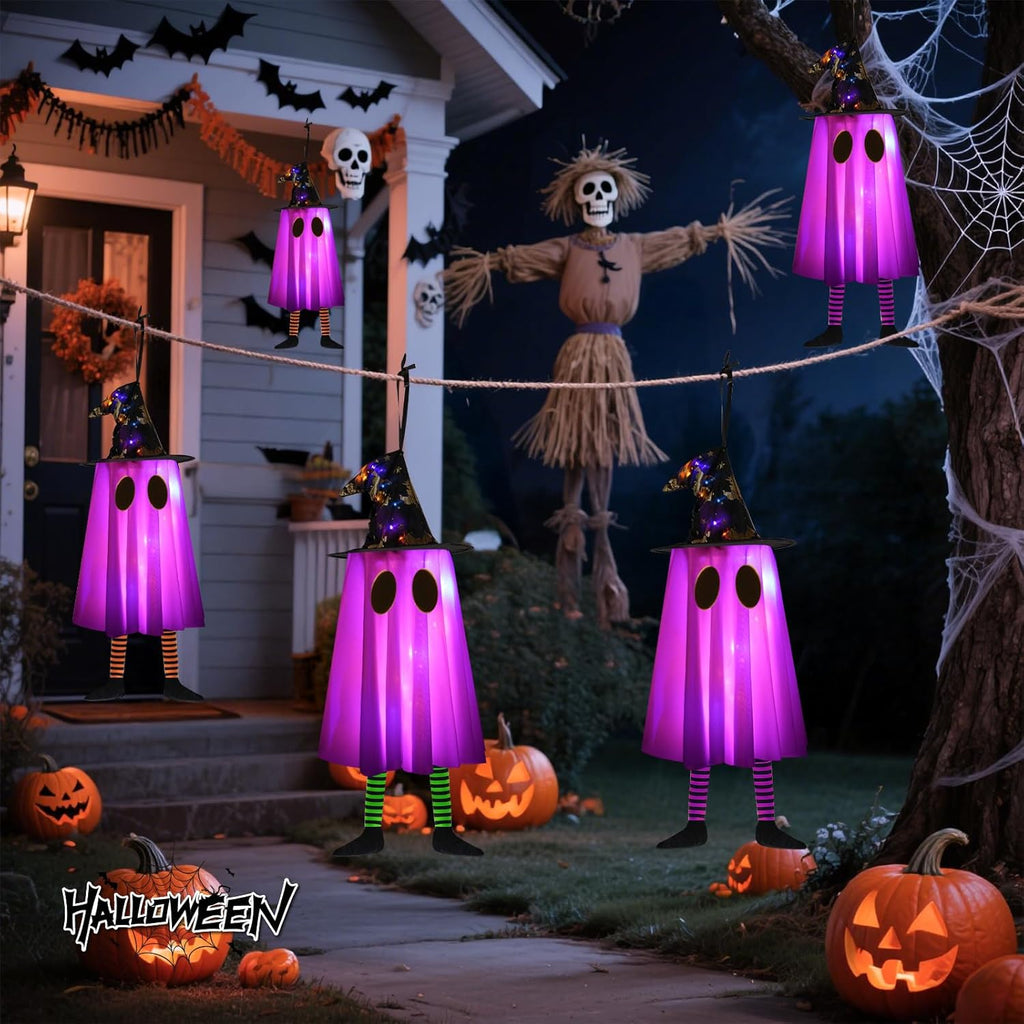 3P Lights up Hanging Ghosts Halloween Decorations Outdoor(Purple & Orange), Timer, IP65 Waterproof, Battery Operated Halloween Lights with Witch Hats, Holiday Decorations for Tree Patio Garden