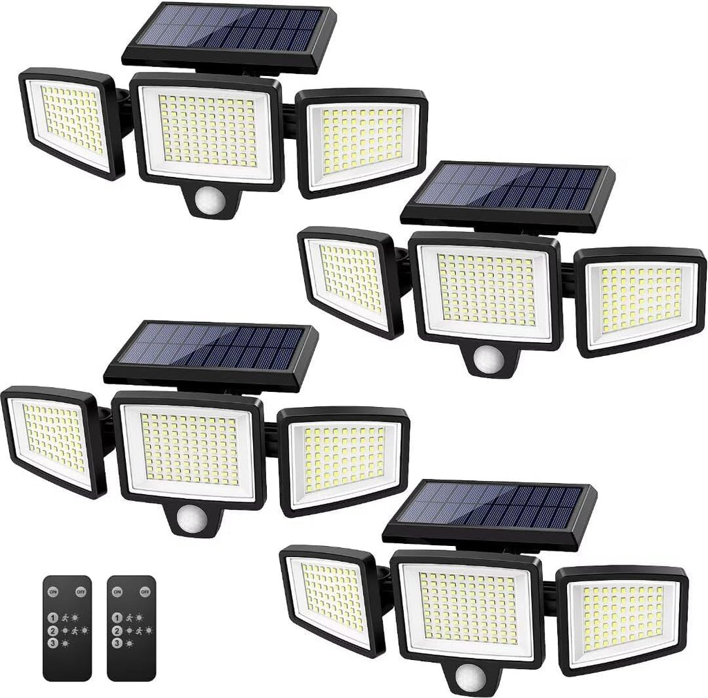 Solar Outdoor Lights 2500LM 210 LED Security Lights with Remote Control,3 Heads Motion Sensor Lights, IP65 Waterproof,270° Wide Angle Flood Wall Lights with 3 Modes(2 Packs)