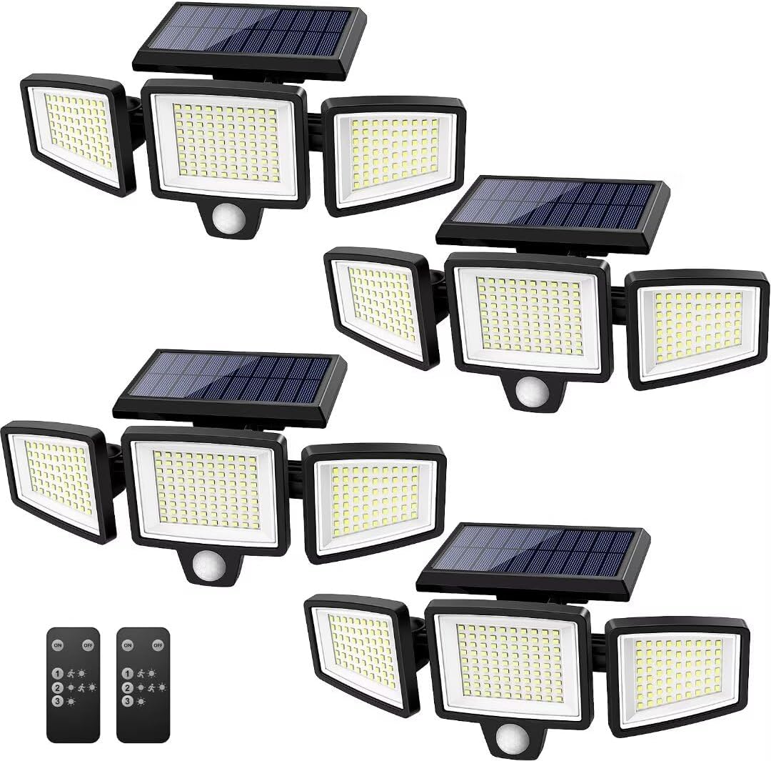 Solar Outdoor Lights 2500LM 210 LED Security Lights with Remote Control,3 Heads Motion Sensor Lights, IP65 Waterproof,270° Wide Angle Flood Wall Lights with 3 Modes(2 Packs)