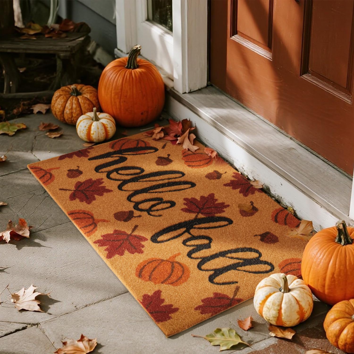 Hello Fall Pumpkin Door Mat Autumn Welcome Mat for Front Door Outdoor Entrance Doormat Coir Dirt Trapper with Non Slip Backing,17X30, Maple Leaves