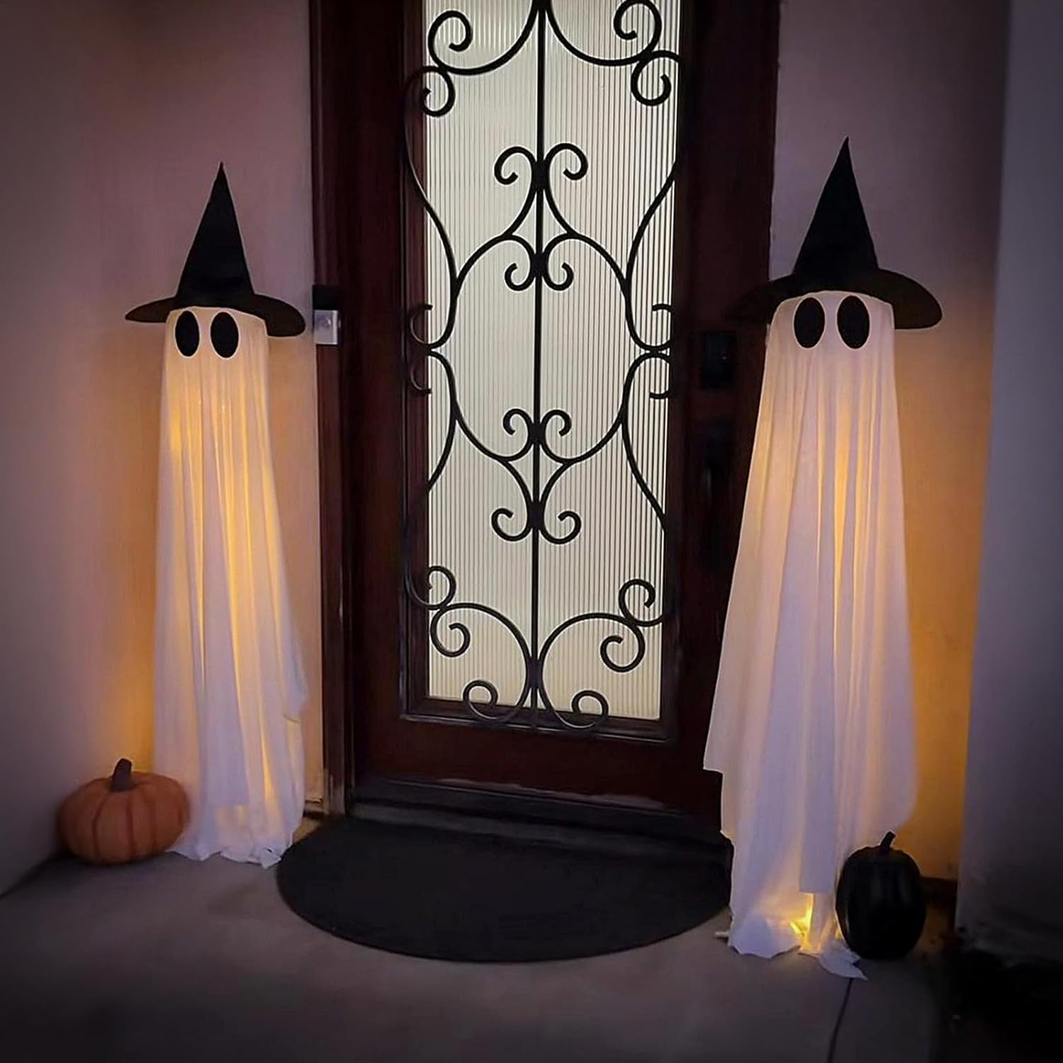 2 Packs Halloween Decorations Outdoor, 5Ft Wind-Resistant Ghost Decor with USB String Lights, Scary Door Decoration outside Euipped Waterbags & Hats, Ideal for Party Porch Yard Garden Lawn